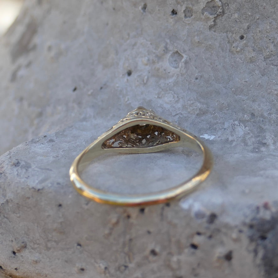 Hand Carved circa 1940s Filigree Mixed Metal Diamond Solitaire, 9ct White and Yellow Gold, size M1/2 or just under 6.5