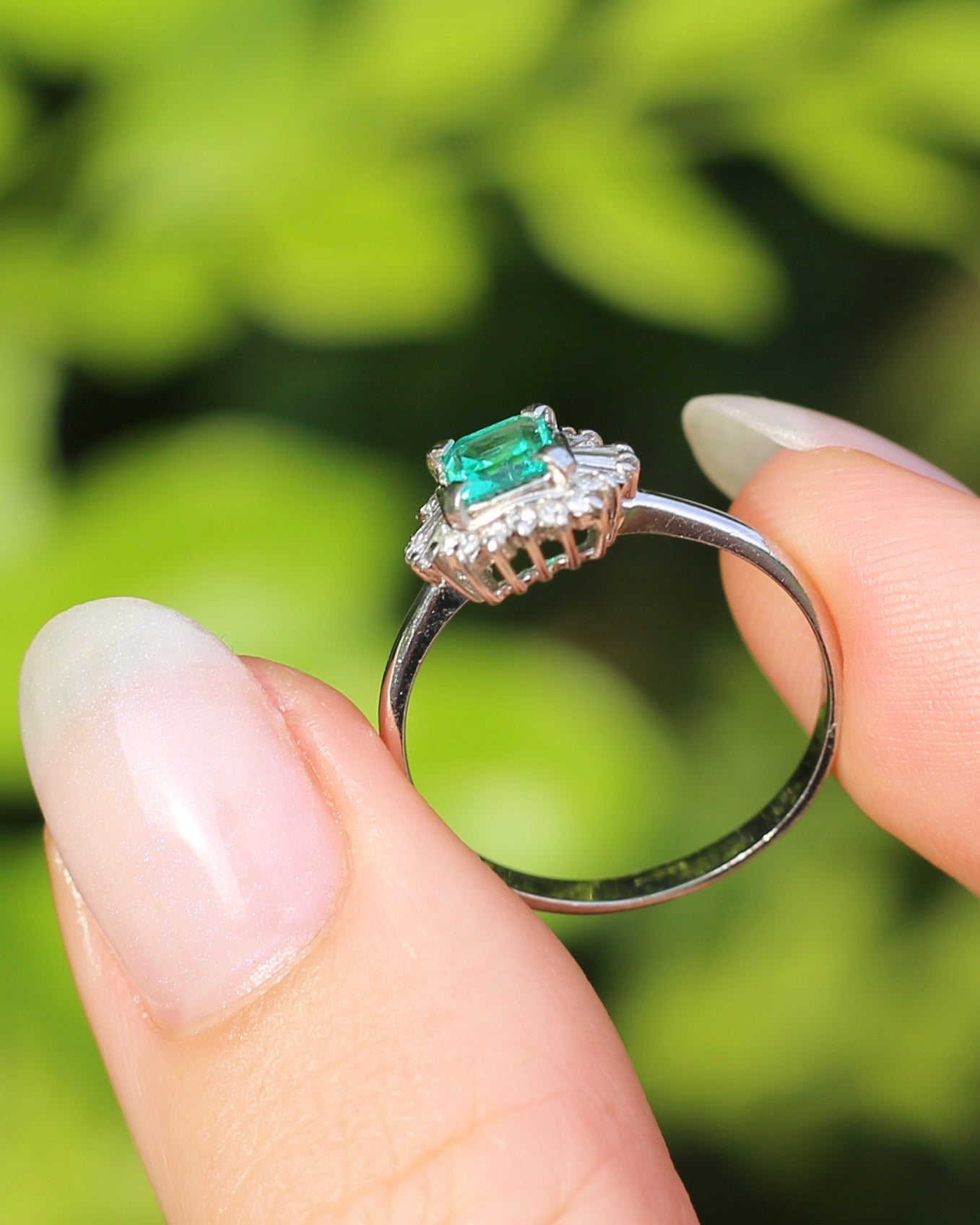 Natural Square Step Cut Emerald and Diamond Baguette Ballerina Skirt, Platinum Ring, size O or 7.25