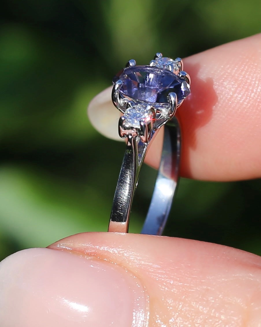 1.05ct Hand Cut Australian Iolite and Diamond Trilogy, 9ct White Gold, Size N or 6.75, 3.05g