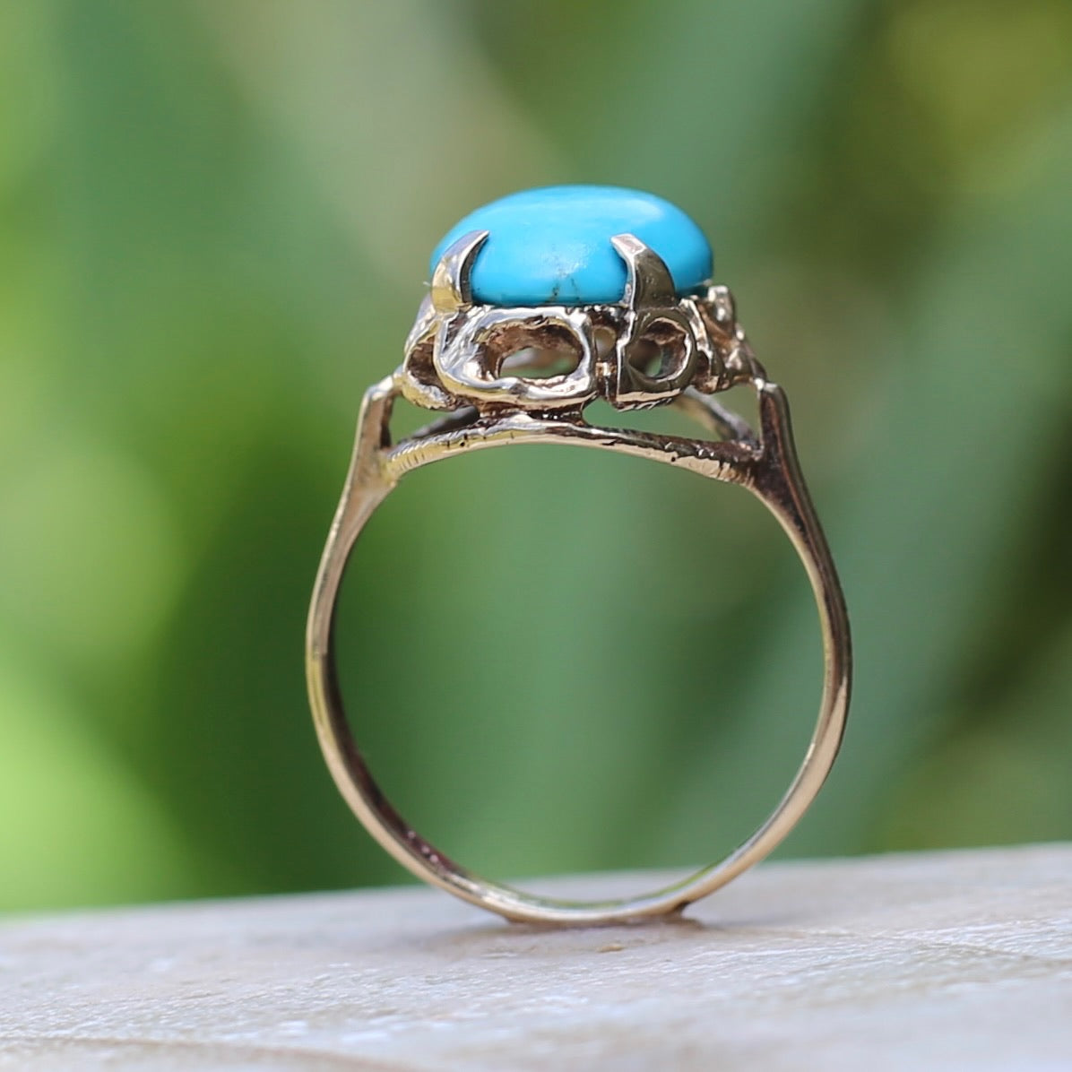 Vintage Hand Carved Filigree and Natural Turquoise Cabochon Ring, 9ct Yellow Gold, size 7.5 or O1/2