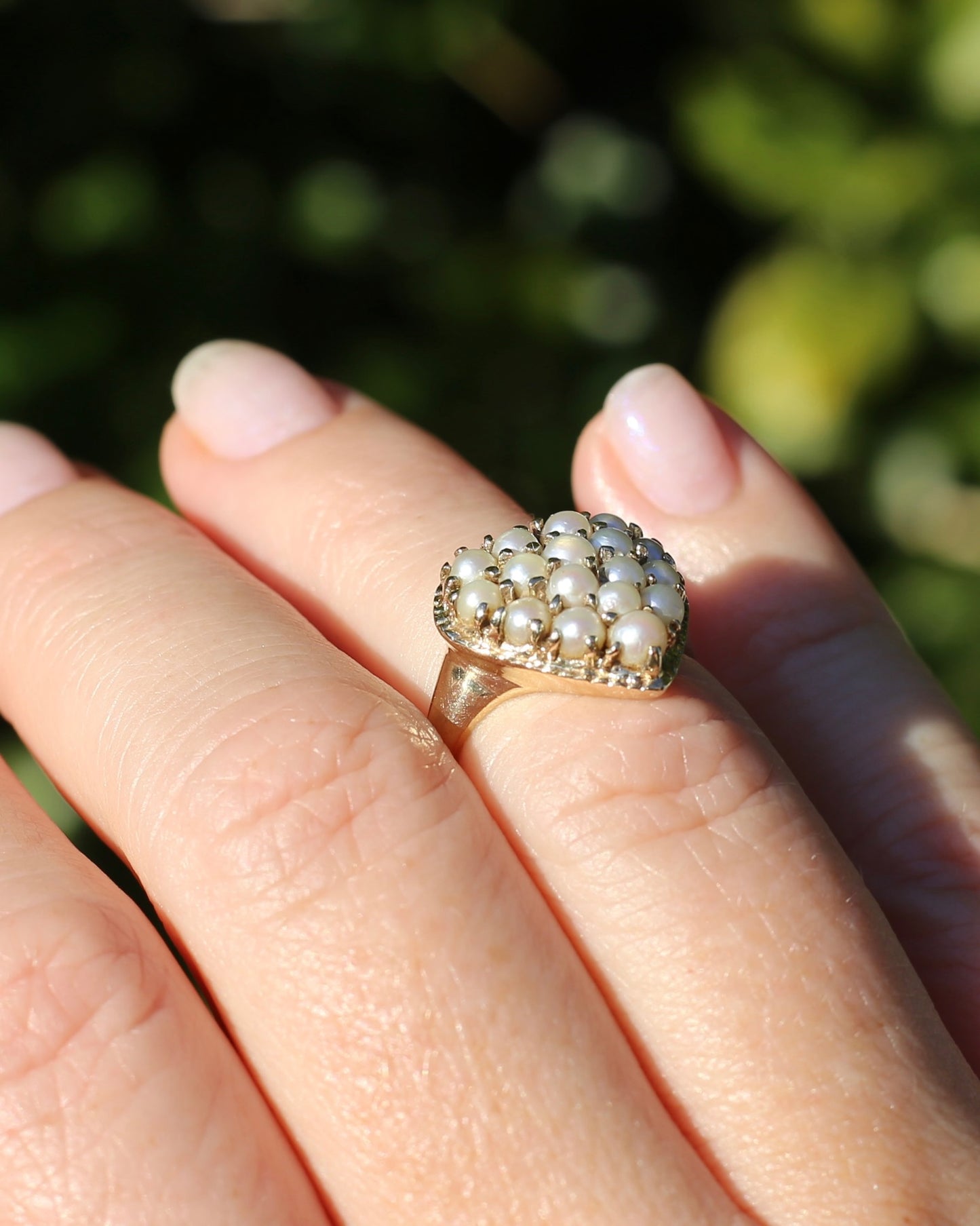 Vintage Heart Pearl Cluster Ring, 10ct Yellow Gold, size K or 5.25