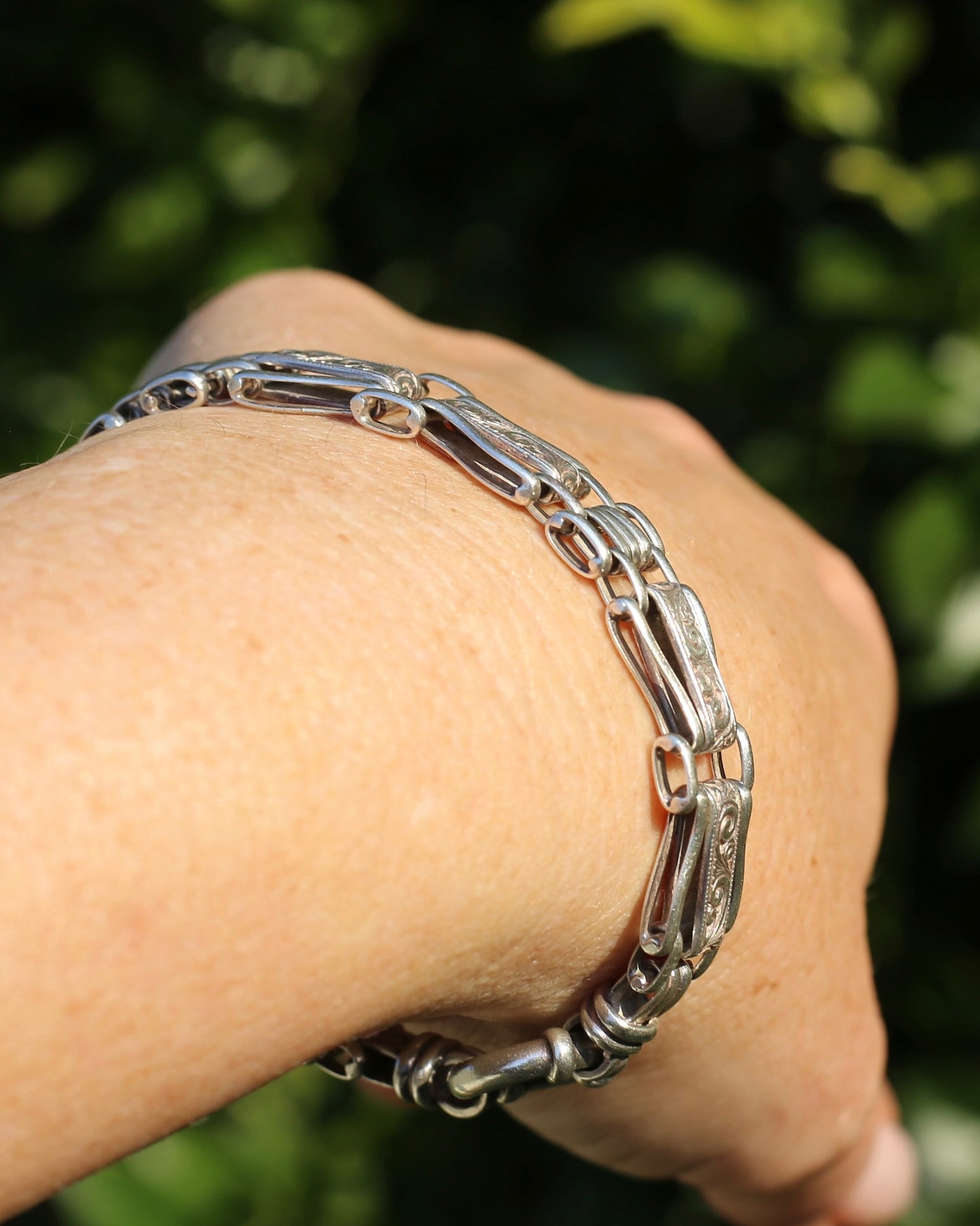 Fancy Link Engraved Bracelet, Sterling Silver, With Italian Bolt Clasp, 24.3g, 19cm
