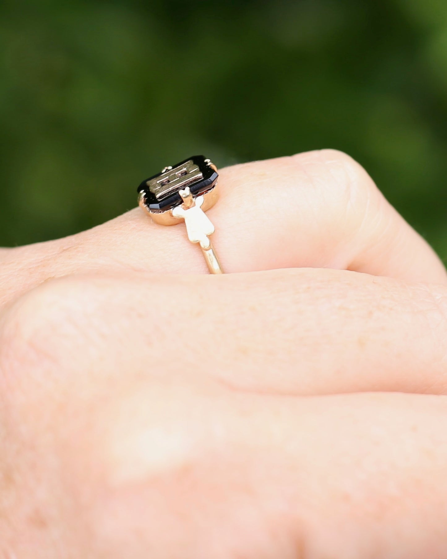 "H/B" Vintage Onyx and 9ct Yellow Gold Signet Ring, 9ct Yellow Gold, size N1/2 or 6.75