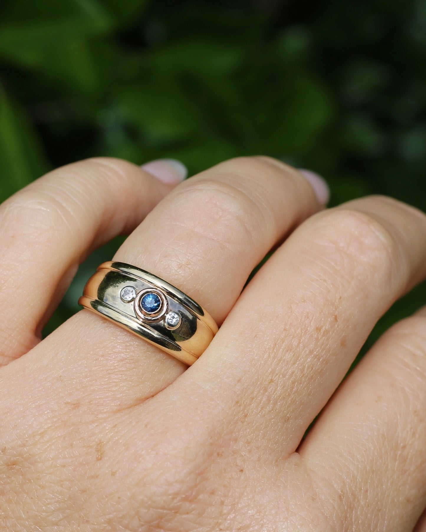 Bezel Set Parti Sapphire and Diamond Trilogy, Chunky Yellow Gold, size O1/2 or 7.5 (will fit smaller due to width)