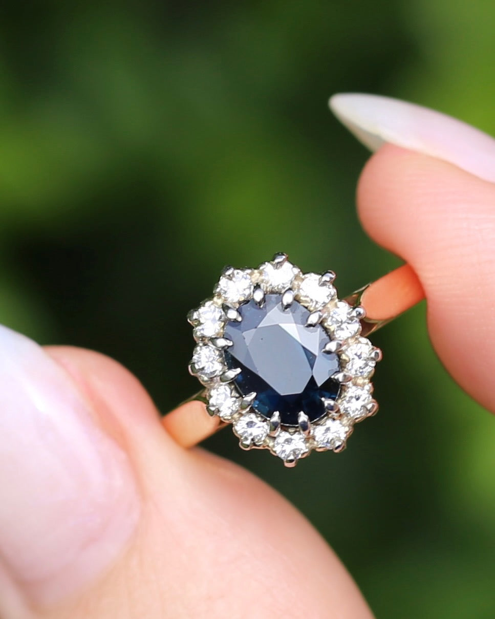 Vintage Natural Sapphire and Diamond Halo, 9ct Yellow and White Gold, size N1/2 or 7