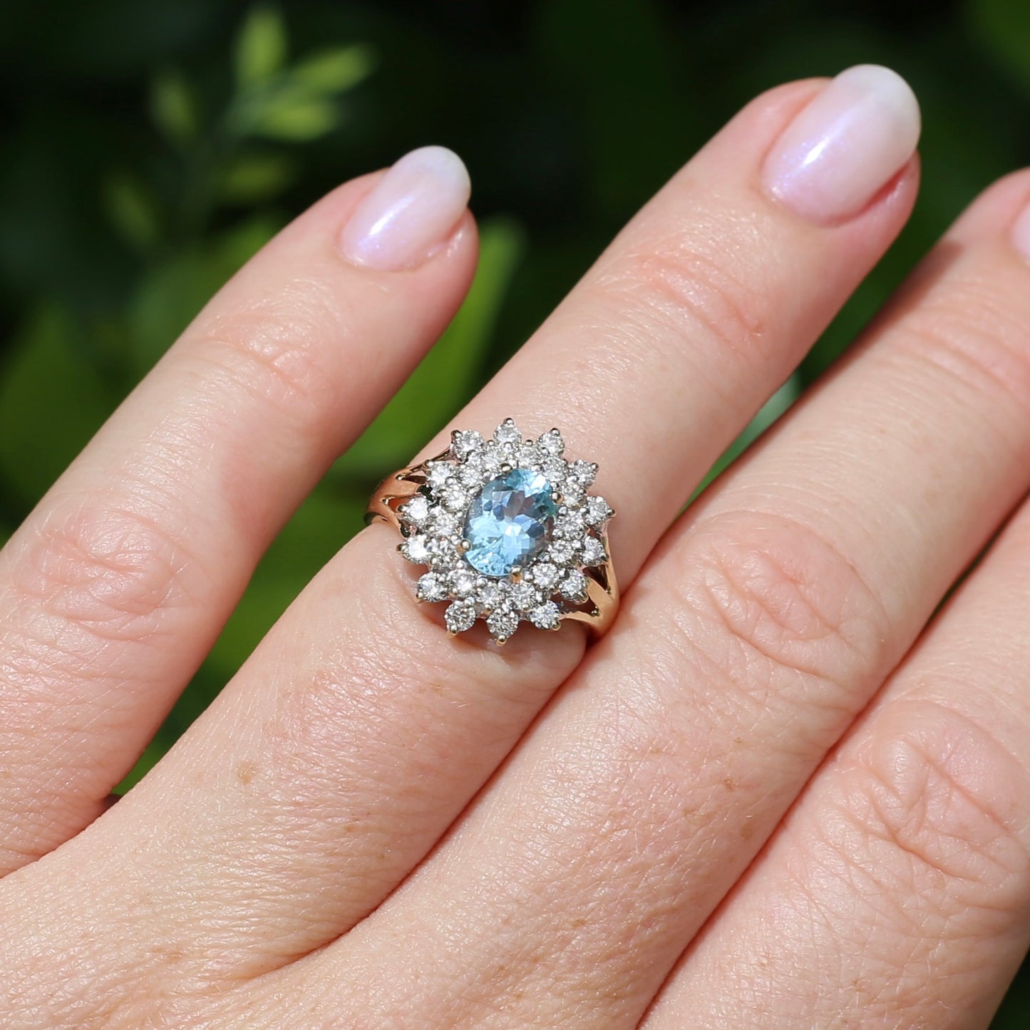 1.1ct Oval Aquamarine and Double Diamond Halo (0.88ct), 9ct White and Yellow Gold, size 6.25 or M
