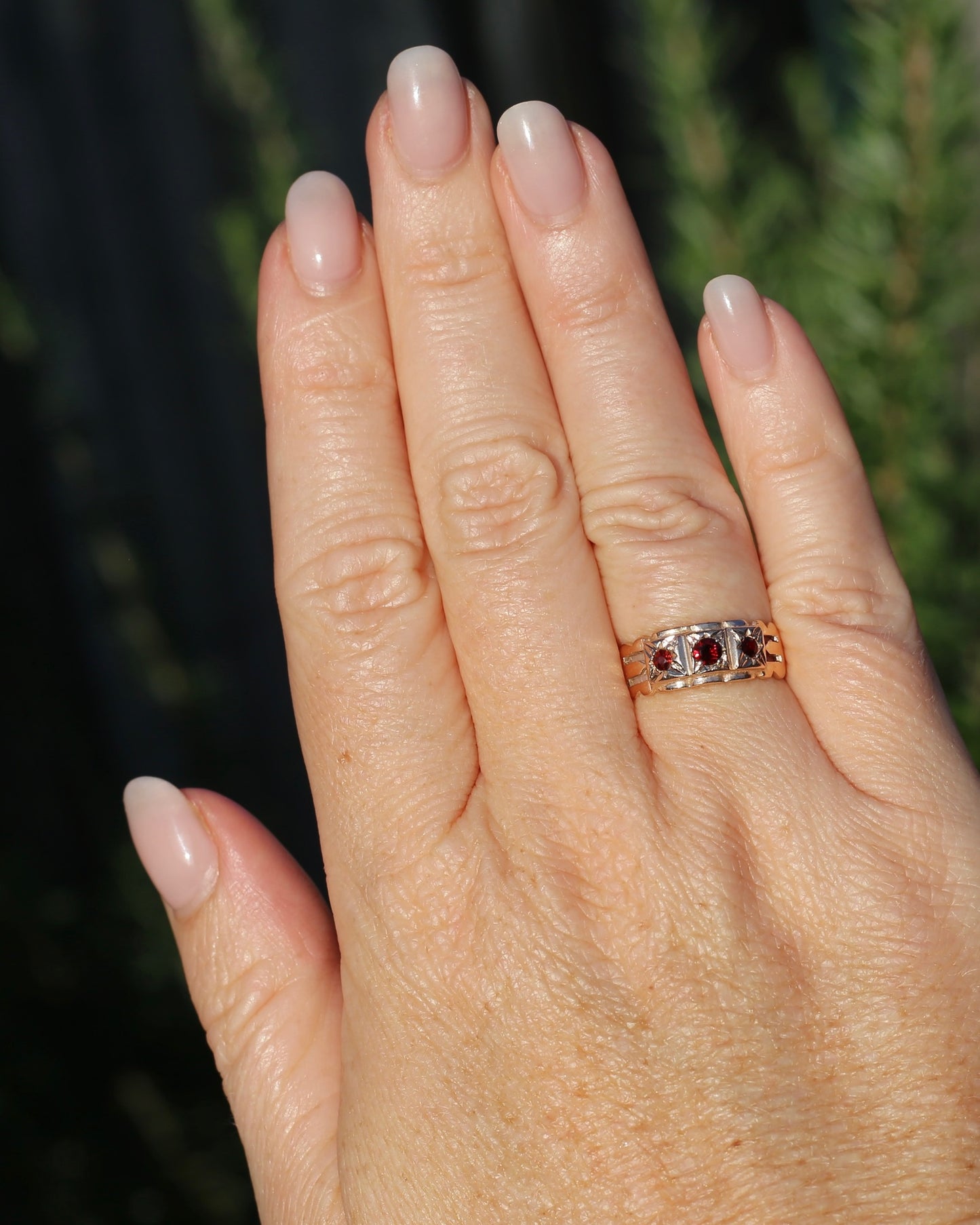 Vintage Victorian Revival Garnet Trilogy Star Set Ring, 9ct Rosey Gold, size P or 7.75, 3.16g