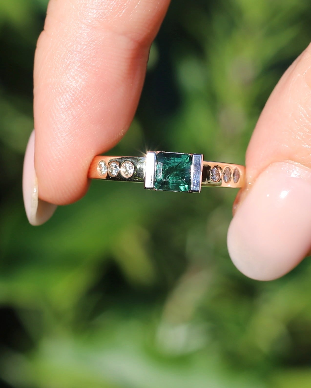 Vintage Chunky East West Set Semi Bezel Tourmaline and Flush Set Diamonds, 9ct Yellow and White Gold, size 9 or S, 4.37g