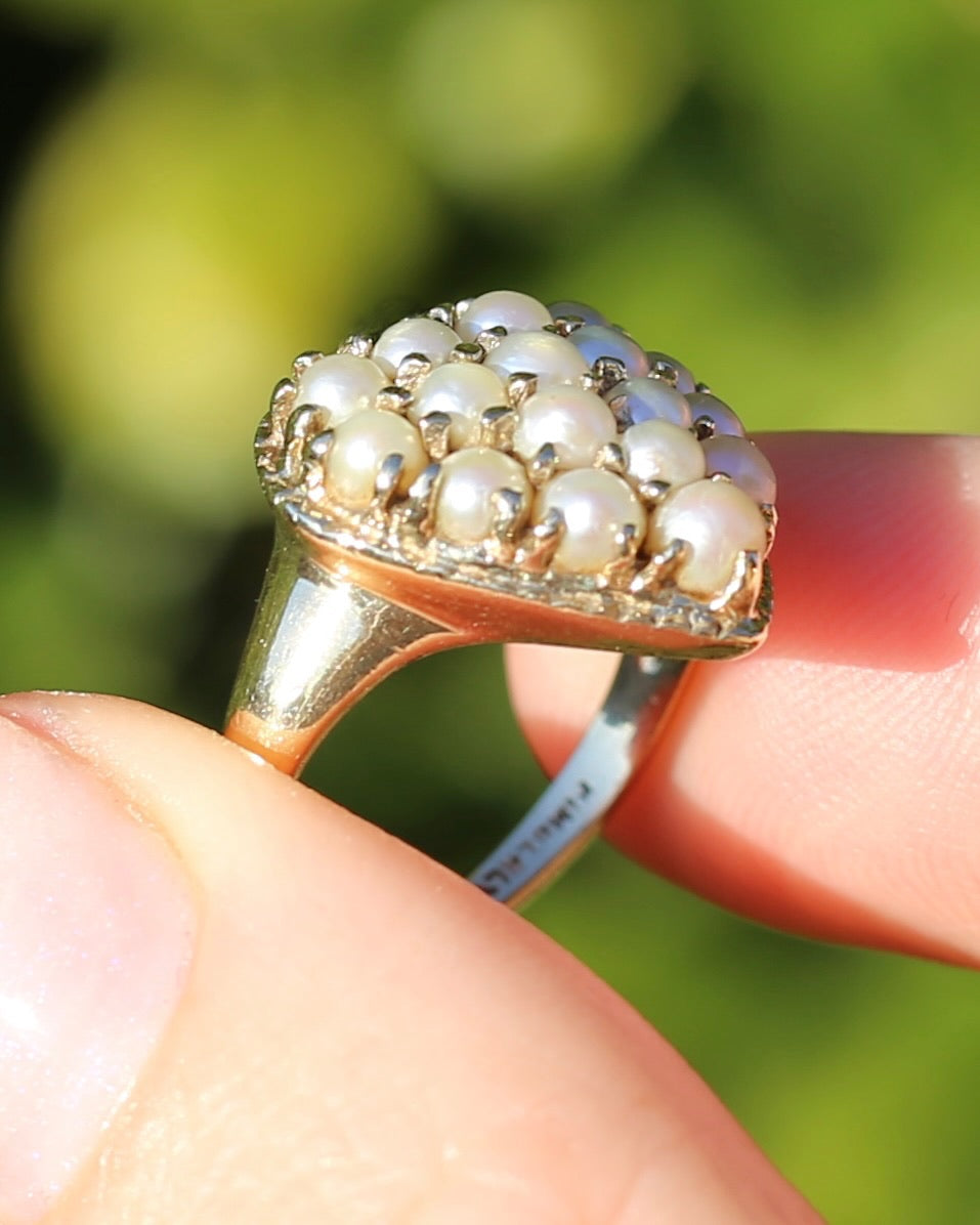 Vintage Heart Pearl Cluster Ring, 10ct Yellow Gold, size K or 5.25