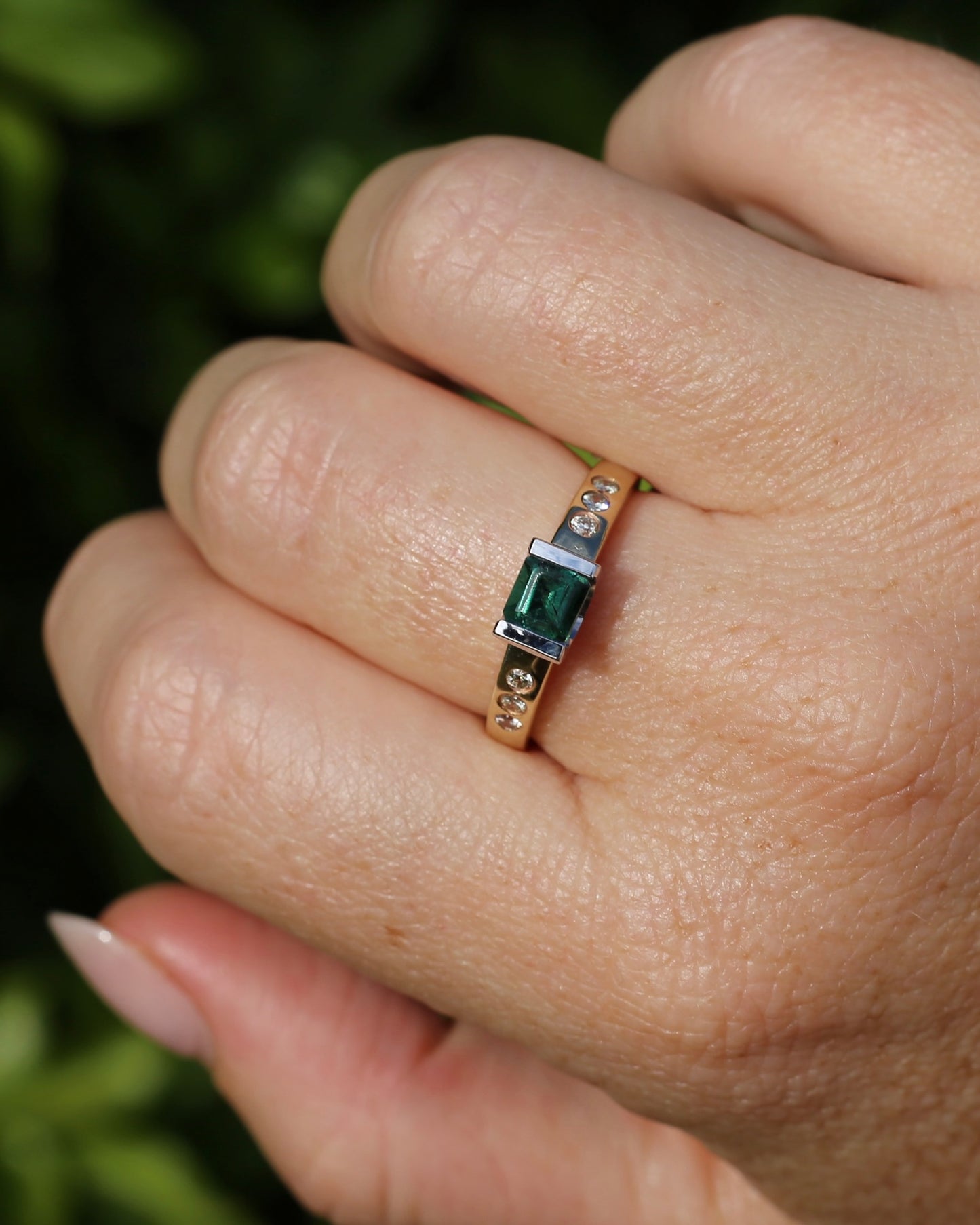 Vintage Chunky East West Set Semi Bezel Tourmaline and Flush Set Diamonds, 9ct Yellow and White Gold, size 9 or S, 4.37g
