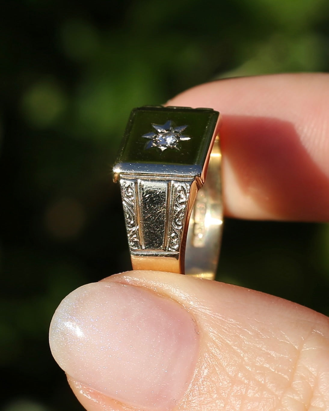 1984 Made Vintage Star Set Diamond Signet Ring, 9ct Yellow Gold, size V or 10.5