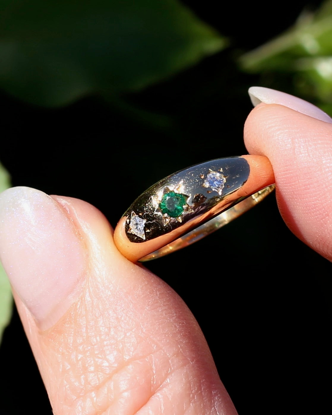 1975 Made Natural Emerald and Diamond Star Set Trilogy, 18ct Yellow Gold, size 7.75 or just under P1/4