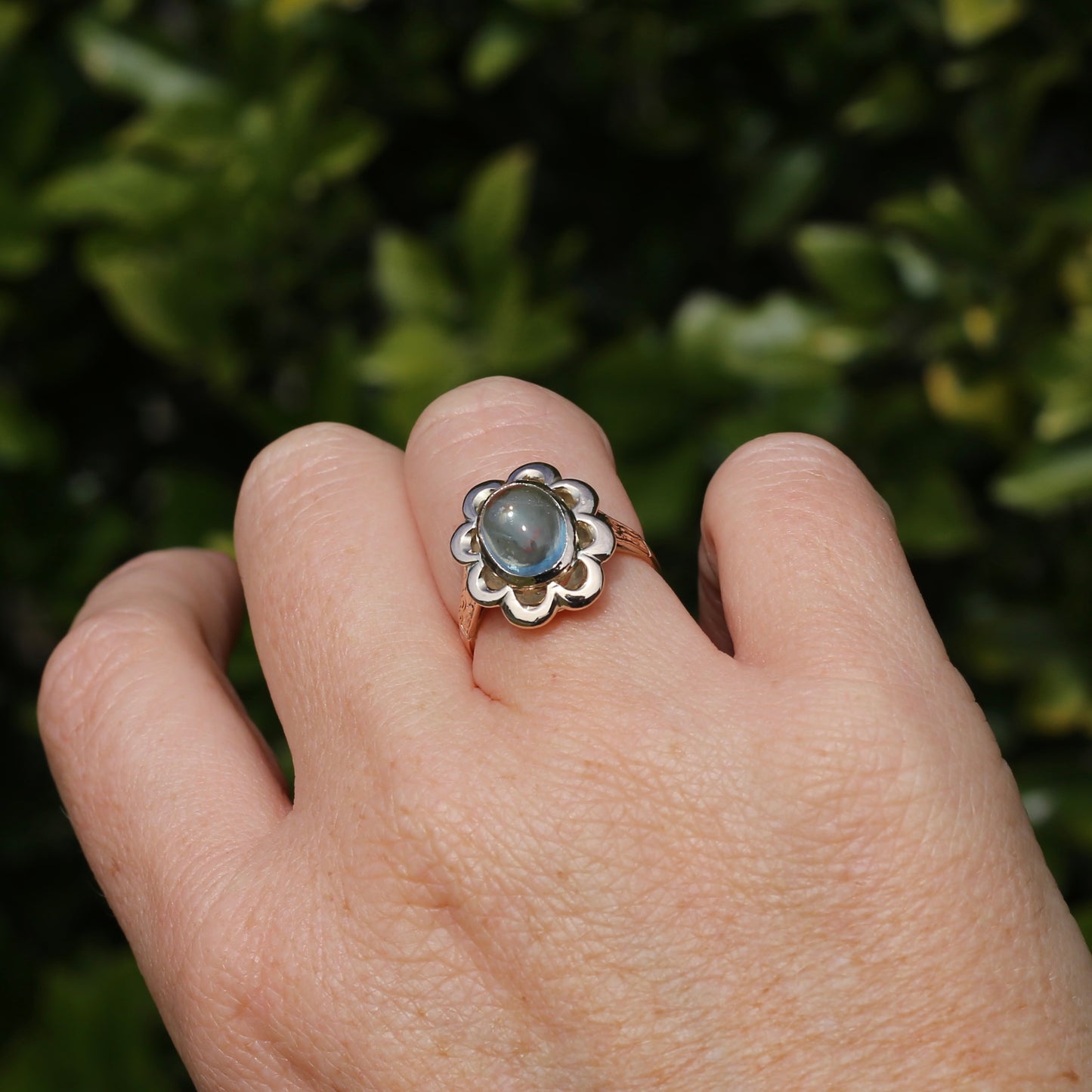 2.35ct Natural Aquamarine Cabochon in Vintage Floral 9ct Gold Ring, size O or 7.25