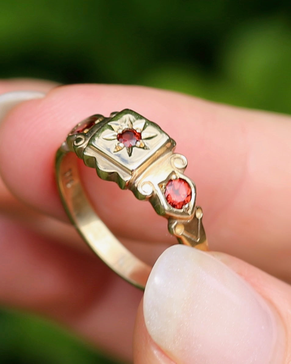 Victorian Revival Garnet Trilogy Star Set Ring, 9ct Yellow Gold, size O1/2 or just over 7.25