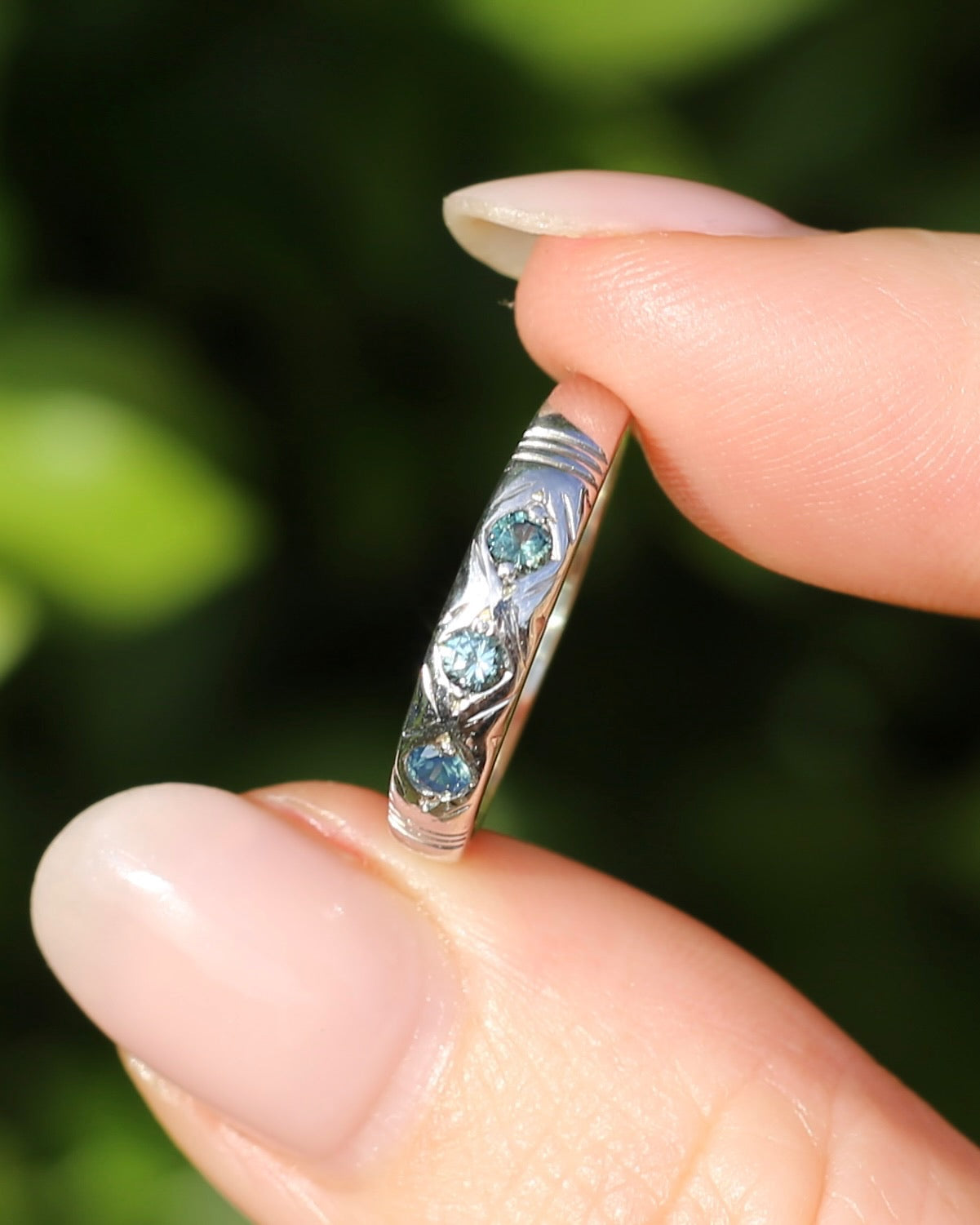 ON HOLD Australian Parti Sapphire Trilogy, 9ct White Gold Band, size N1/2 or just under 7, 2.67g