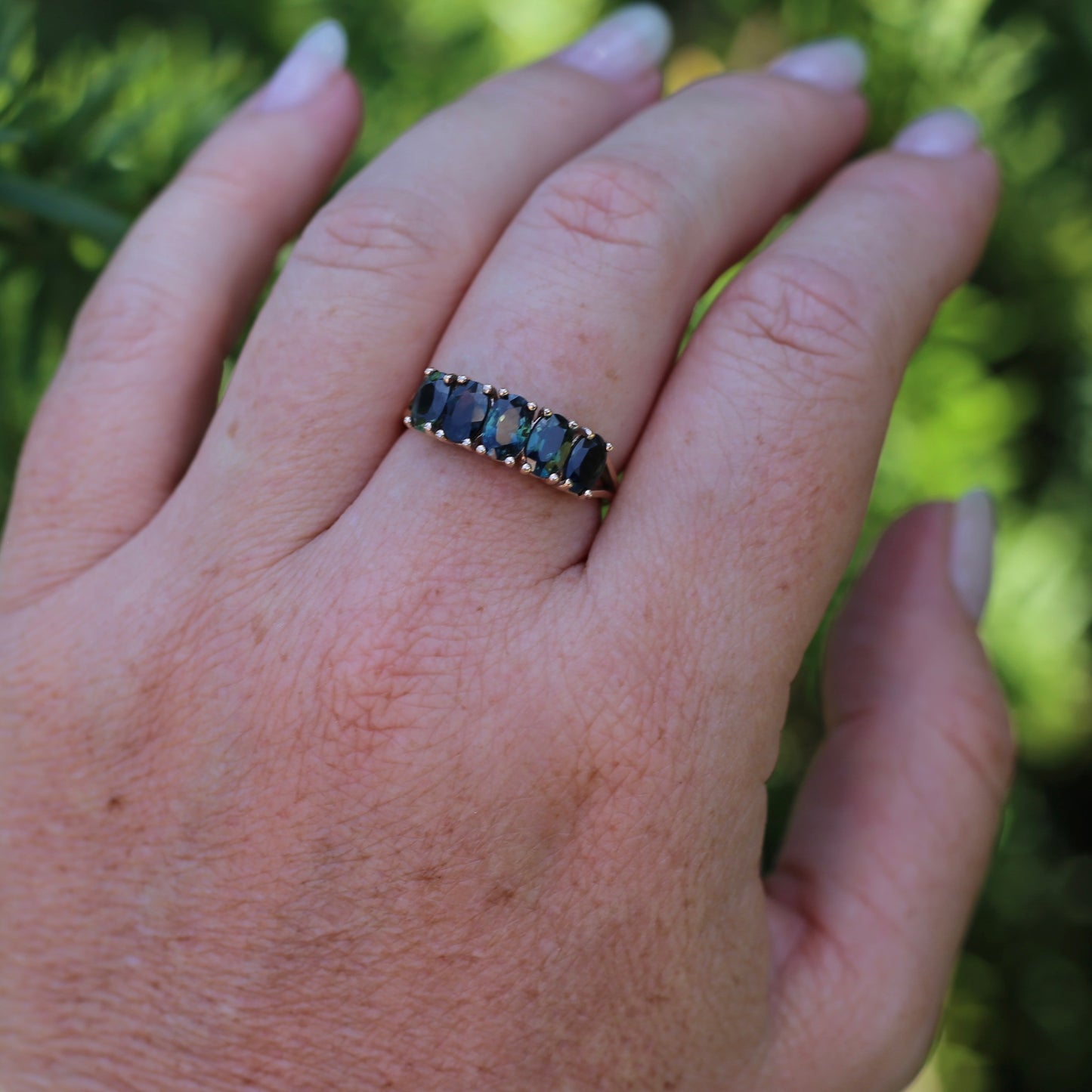 3 Carat Five Stone Parti Sapphire Ring, 9ct Yellow Gold, size R1/2 or nearly 9, with valuation