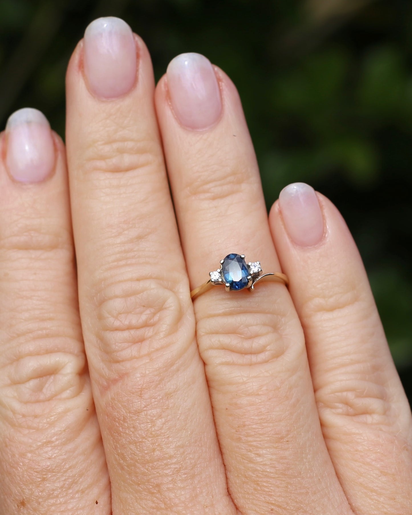 Vintage Natural Sapphire and Diamond Trilogy, 9ct Yellow and White Gold, size J or 4.75