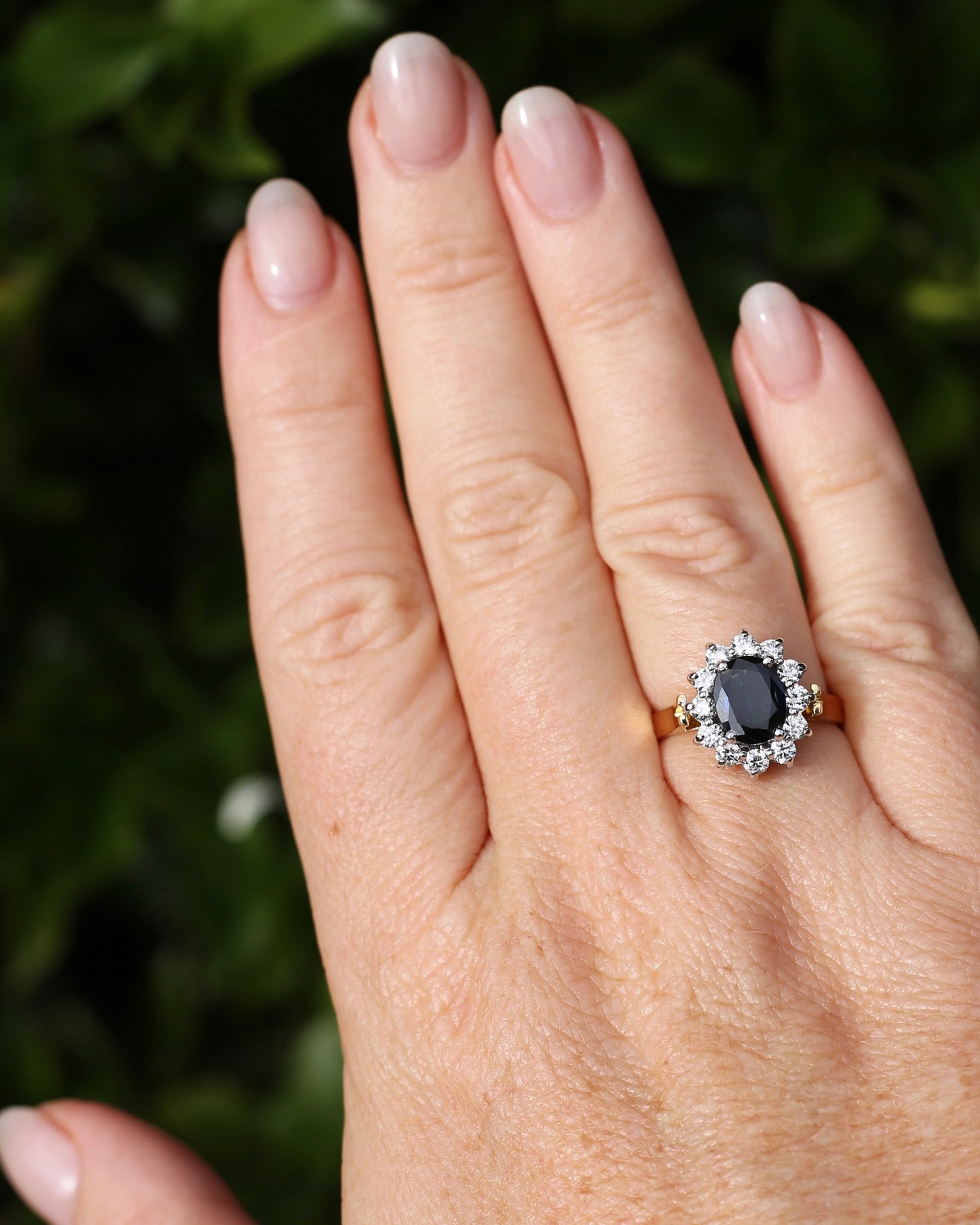 Vintage c1980s Diana Halo, Natural Sapphire and Diamond Halo, 18ct Yellow and White Gold, size P or 7.75 with valuation