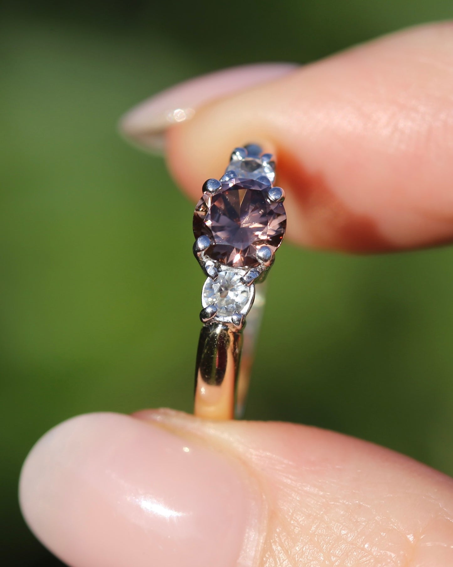 1.31ct Natural Caramel Zircon and Old Cut White Zircon Trilogy Ring, 9ct Gold, size N1/2 or just under 7, 3.72g