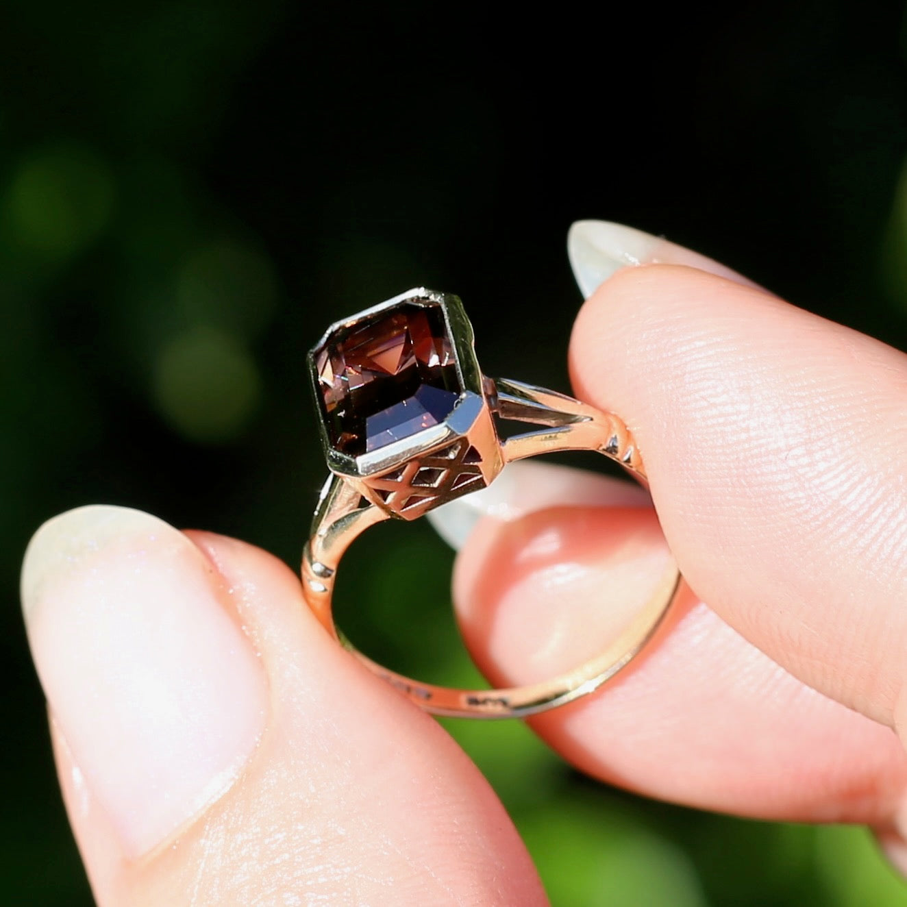 Custom Cut 4.36ct Octagonal Brown Zircon, Bezel Set, 9ct Yellow Gold, size L1/2 or 6
