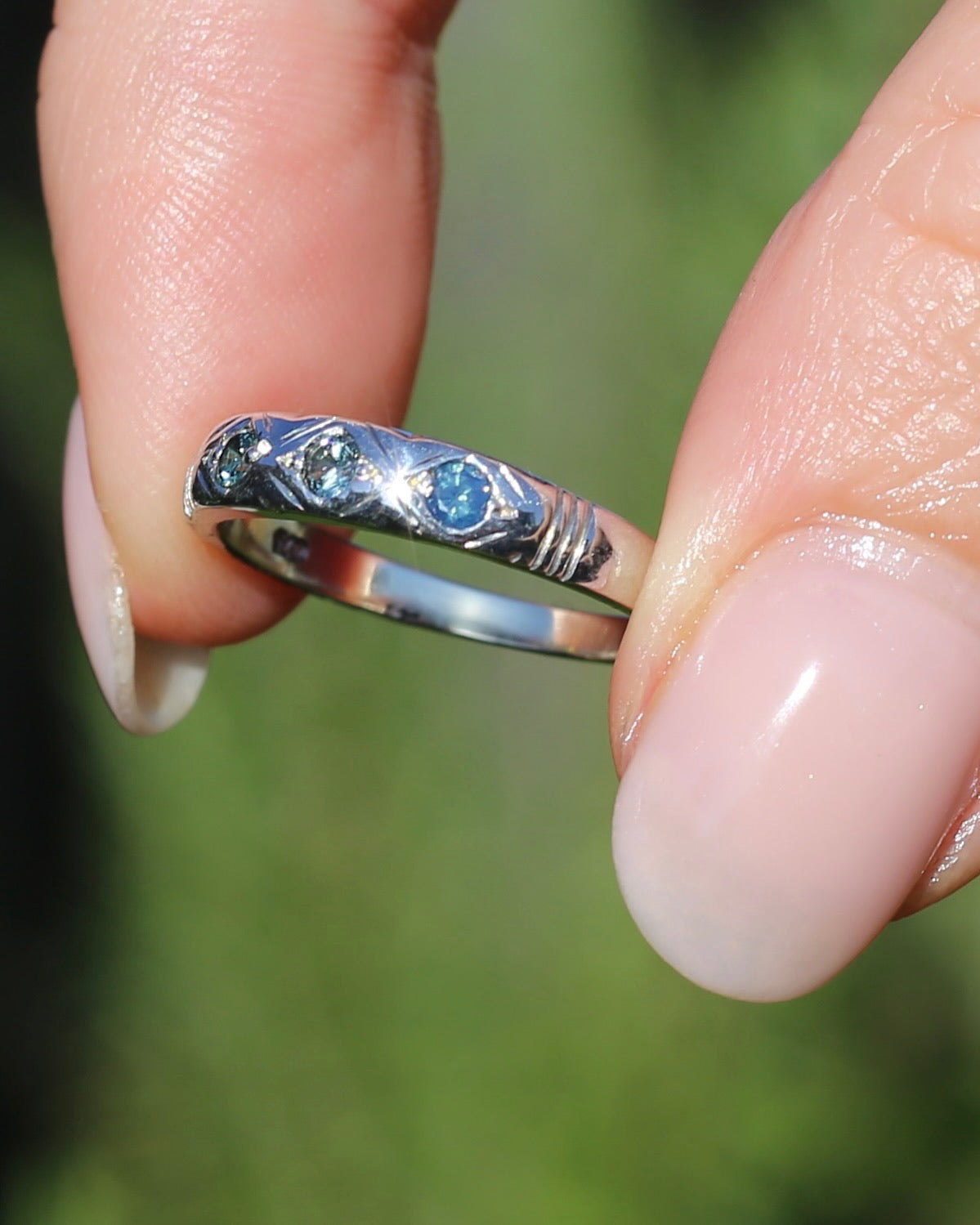 ON HOLD Australian Parti Sapphire Trilogy, 9ct White Gold Band, size N1/2 or just under 7, 2.67g