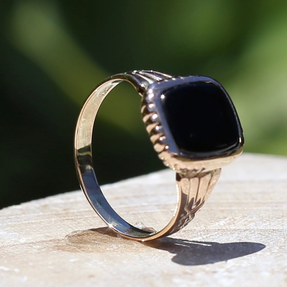 Vintique Onyx Signet Ring with Engraved Shoulders, 9ct Rosey Gold, size K1/2 or 5.5