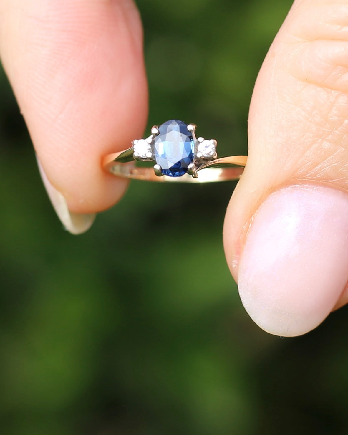 Vintage Natural Sapphire and Diamond Trilogy, 9ct Yellow and White Gold, size J or 4.75
