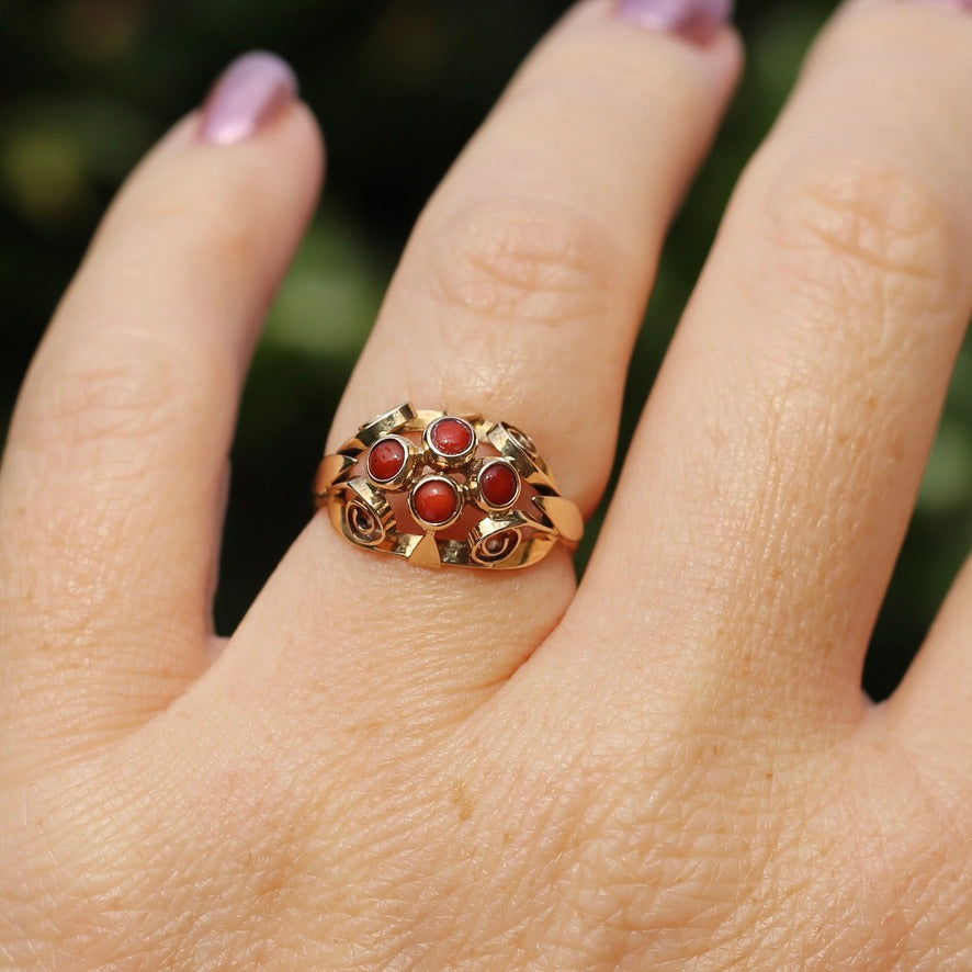 Vintage Dutch Four Stone Coral Cabochon Filigree Ring, 14ct Yellow Gold, size N1/2 or 7
