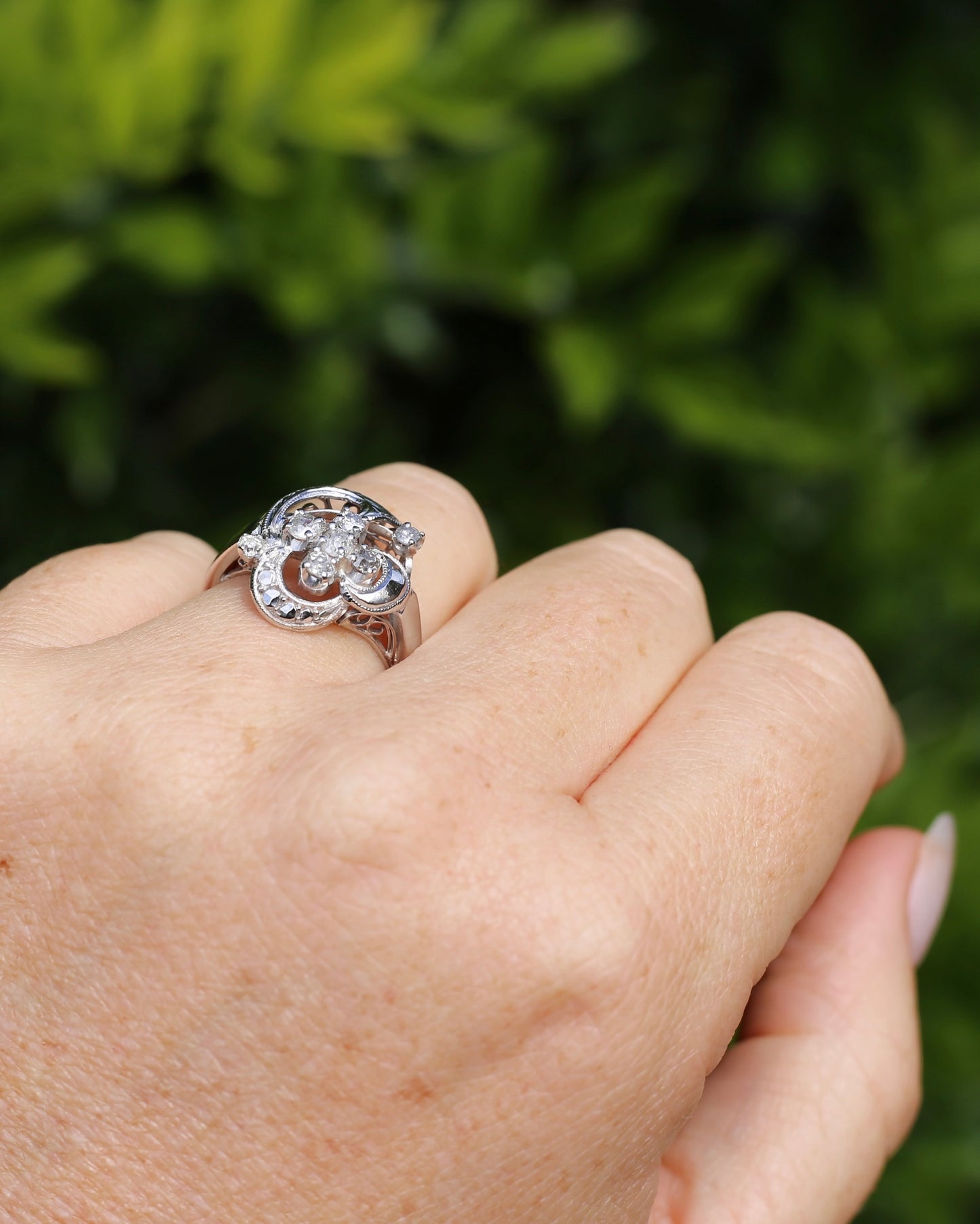 Old Cut and Early Brilliant Cluster Clover Ring, 9ct White Gold, size O or 7