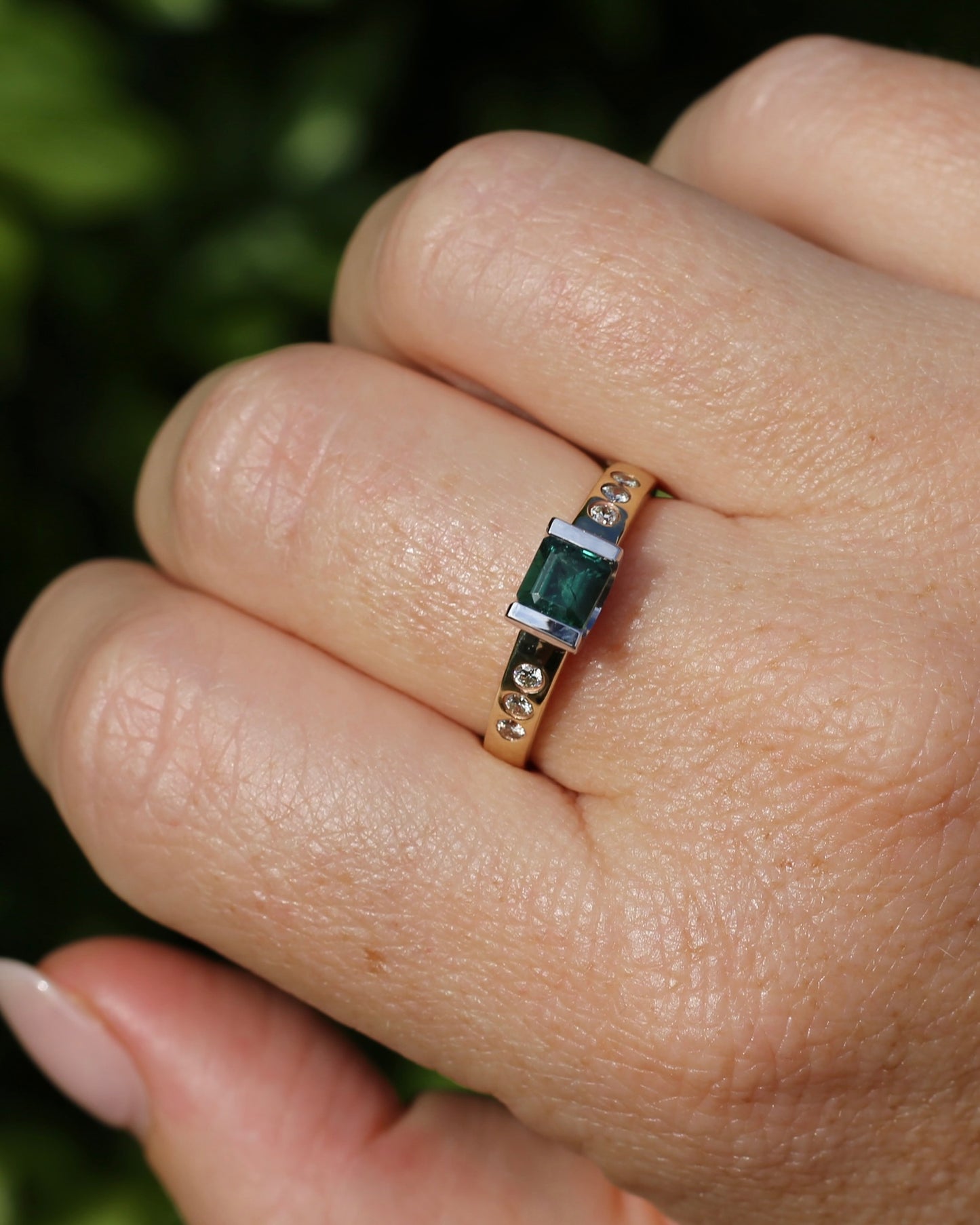 Vintage Chunky East West Set Semi Bezel Tourmaline and Flush Set Diamonds, 9ct Yellow and White Gold, size 9 or S, 4.37g