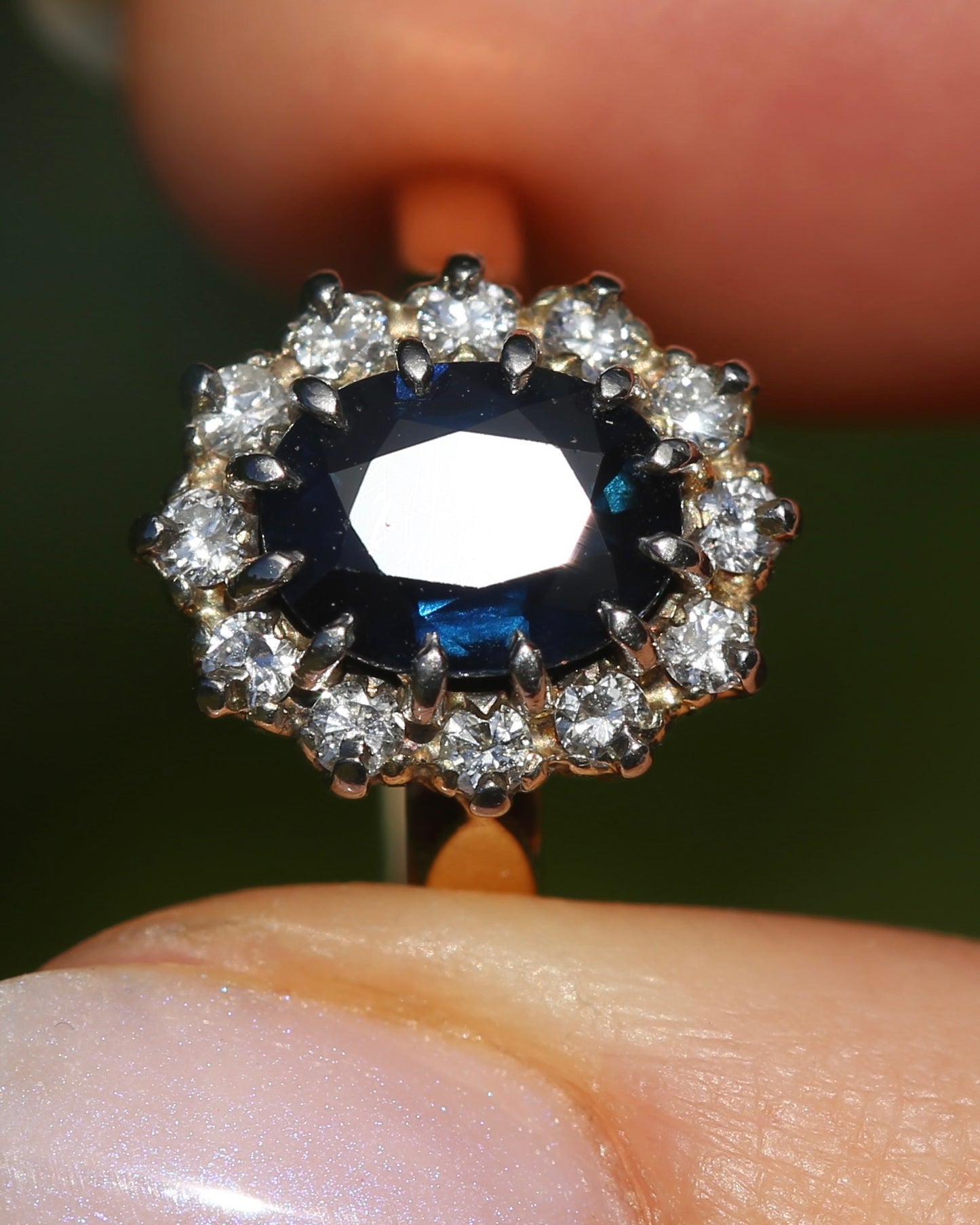 Vintage Natural Sapphire and Diamond Halo, 9ct Yellow and White Gold, size N1/2 or 7