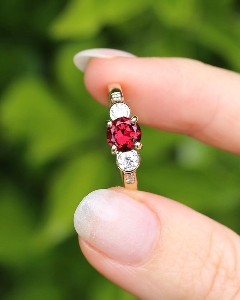 East African Rhodolite Garnet and Diamond Dais Trilogy, 9ct Yellow Gold, size S or 9.25