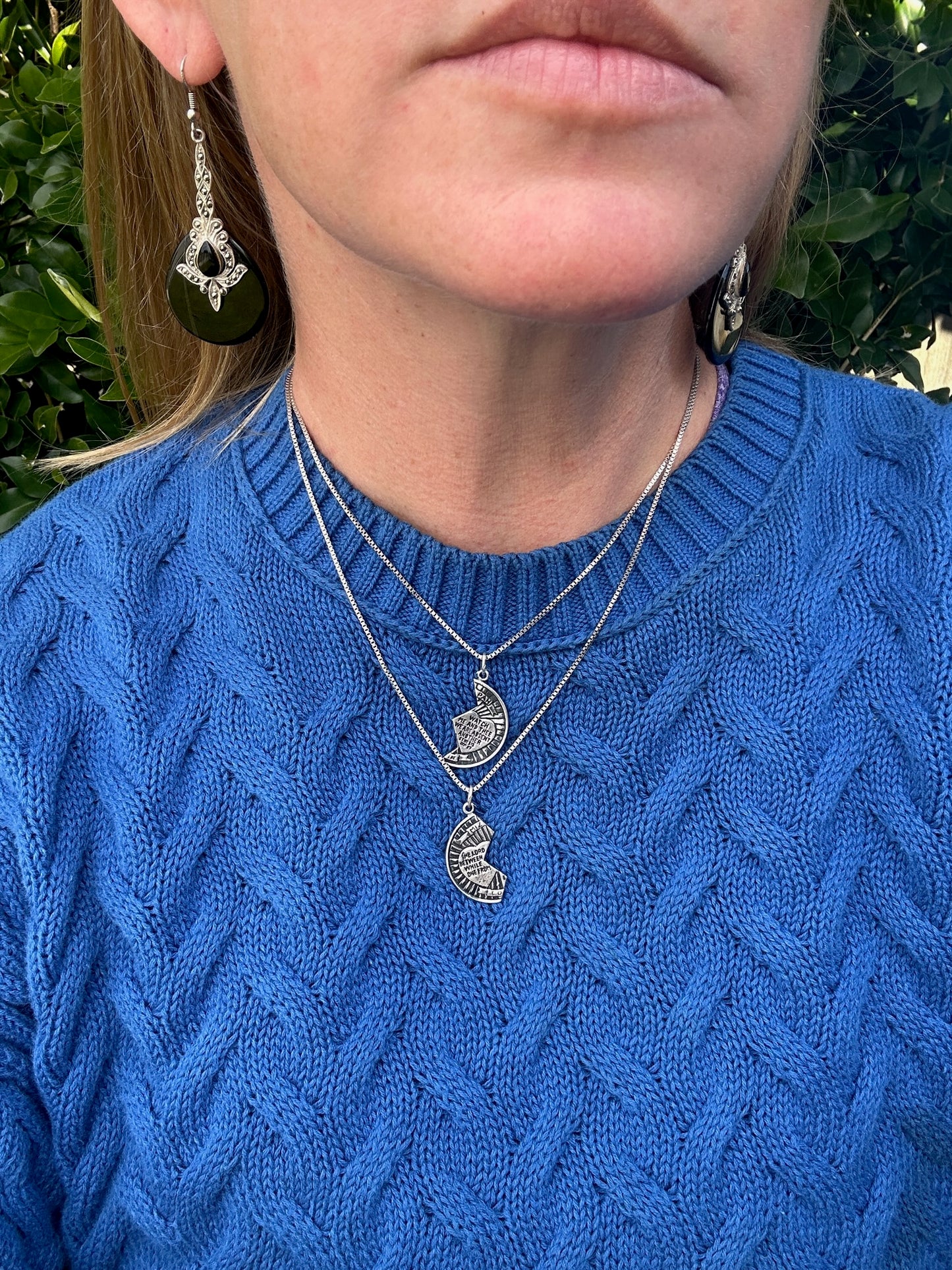 Pair of Vintage Mizpah Pendants on chains, Sterling Silver, 5g (combined) and 7.1g chains