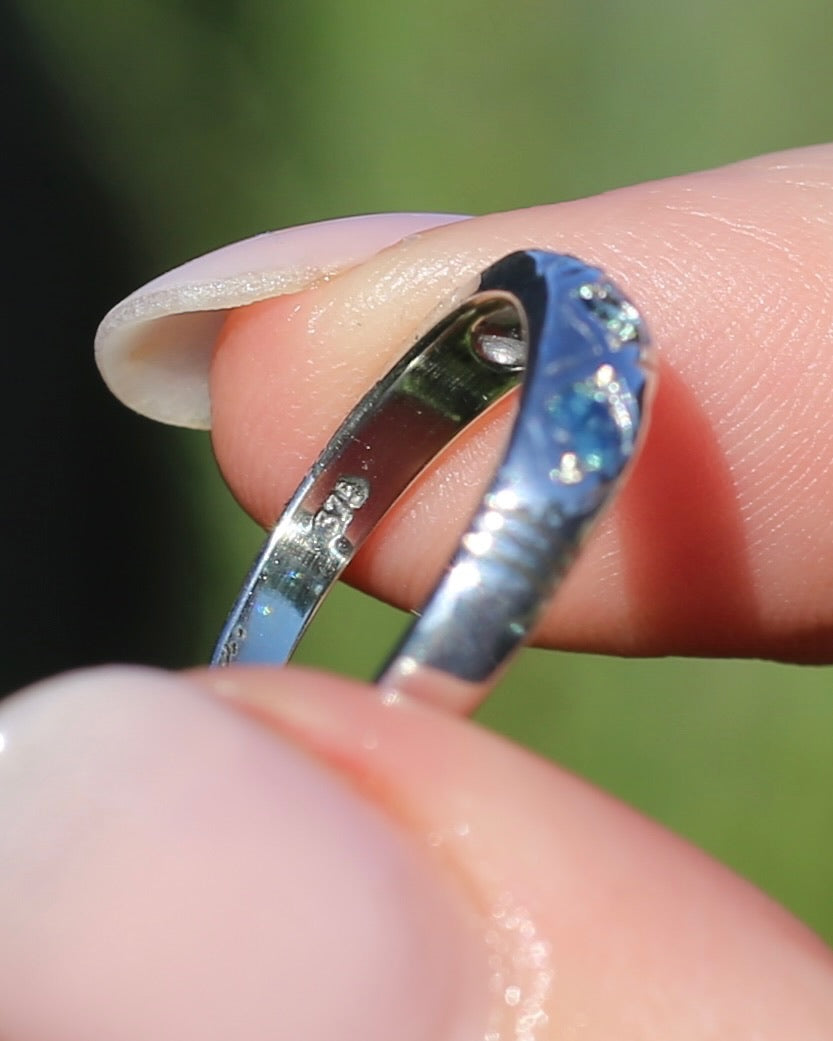 ON HOLD Australian Parti Sapphire Trilogy, 9ct White Gold Band, size N1/2 or just under 7, 2.67g
