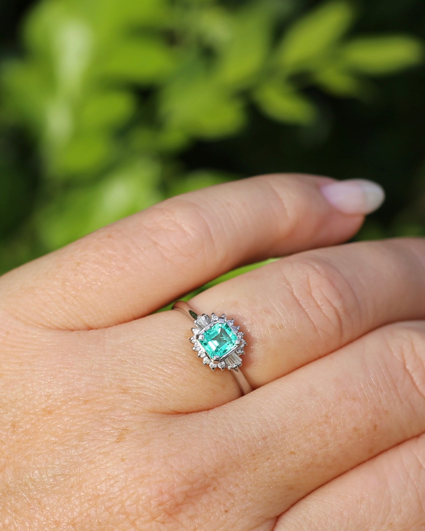 Natural Square Step Cut Emerald and Diamond Baguette Ballerina Skirt, Platinum Ring, size O or 7.25