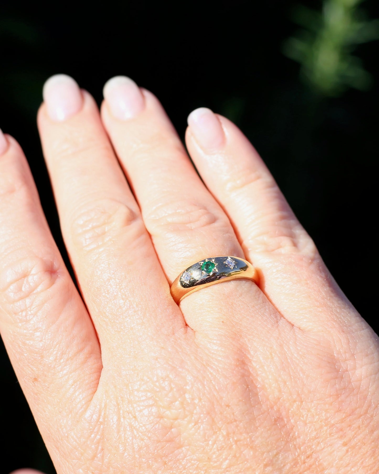 1975 Made Natural Emerald and Diamond Star Set Trilogy, 18ct Yellow Gold, size 7.75 or just under P1/4