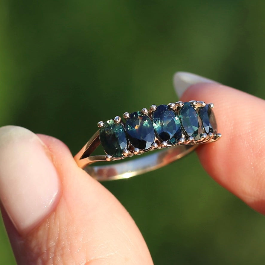 3 Carat Five Stone Parti Sapphire Ring, 9ct Yellow Gold, size R1/2 or nearly 9, with valuation