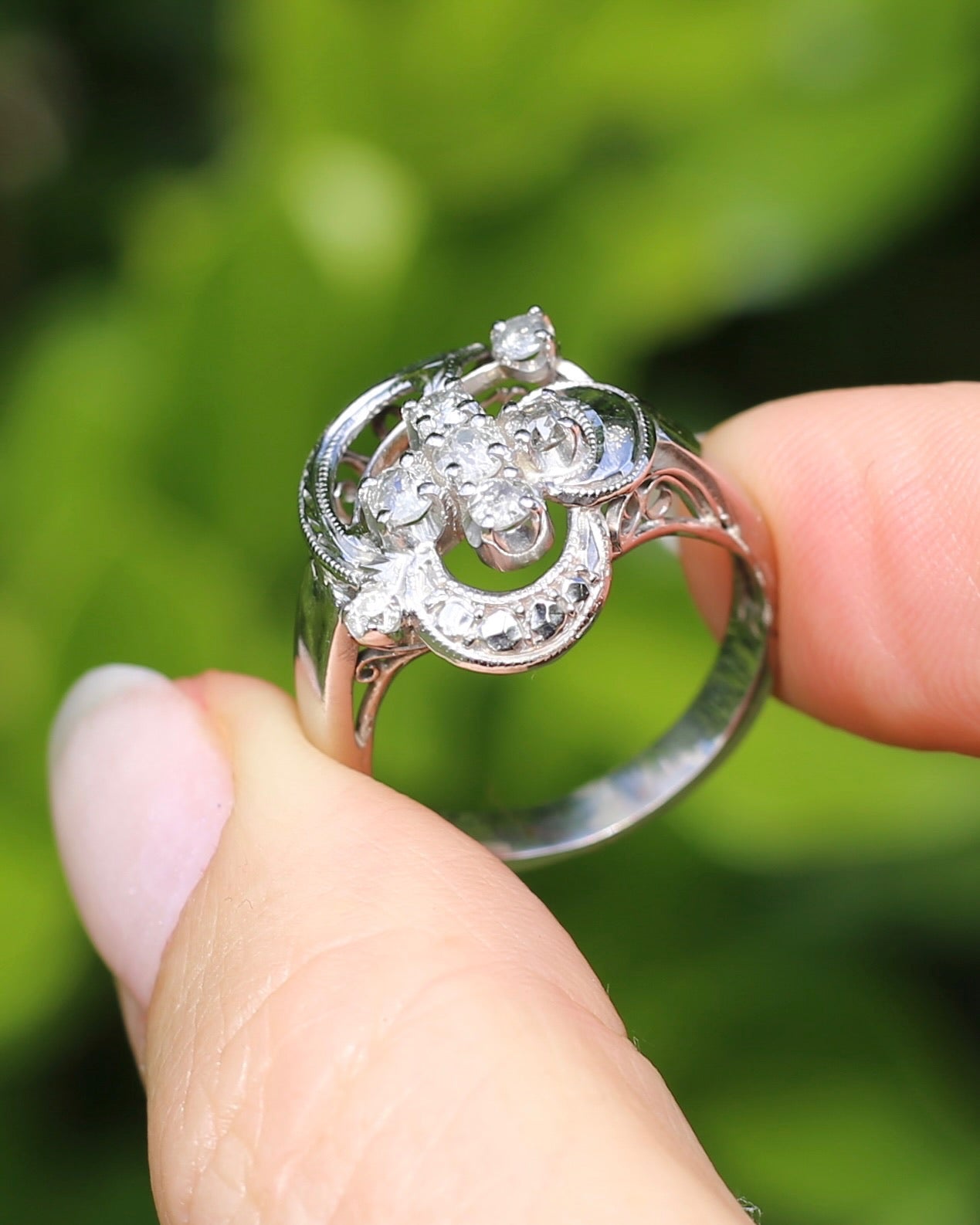 Old Cut and Early Brilliant Cluster Clover Ring, 9ct White Gold, size O or 7