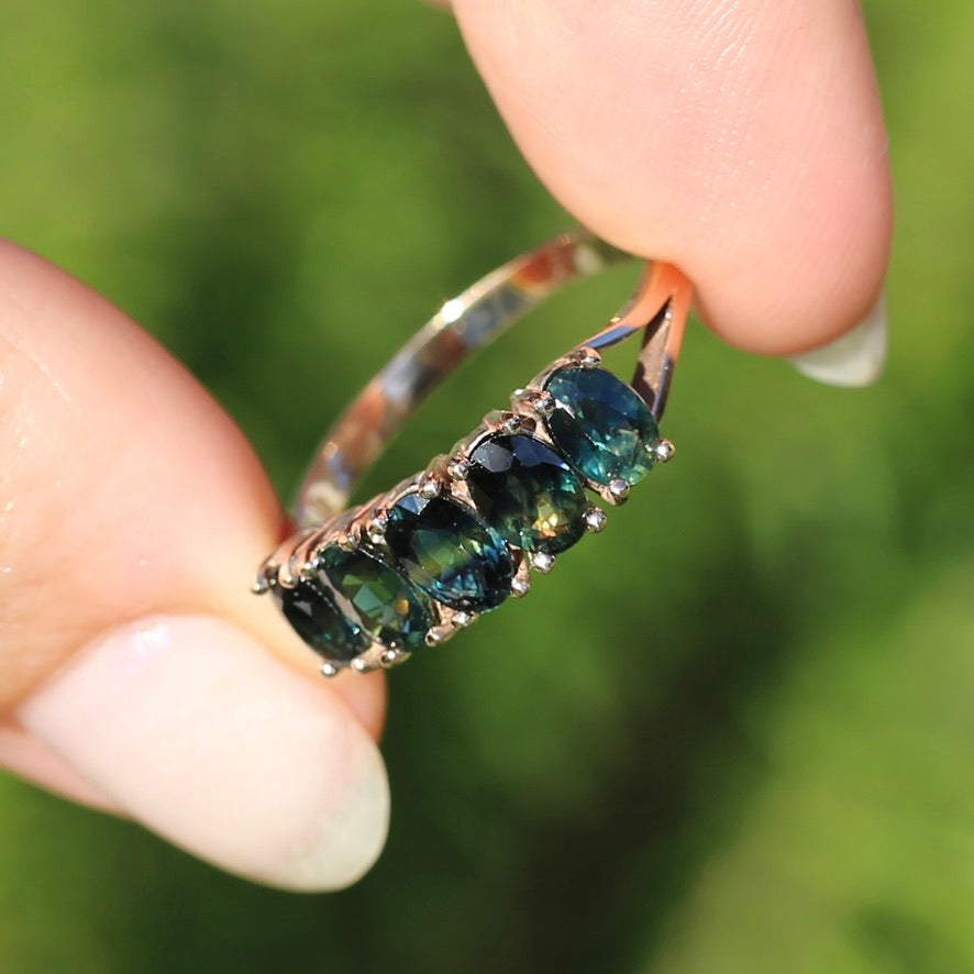 3 Carat Five Stone Parti Sapphire Ring, 9ct Yellow Gold, size R1/2 or nearly 9, with valuation