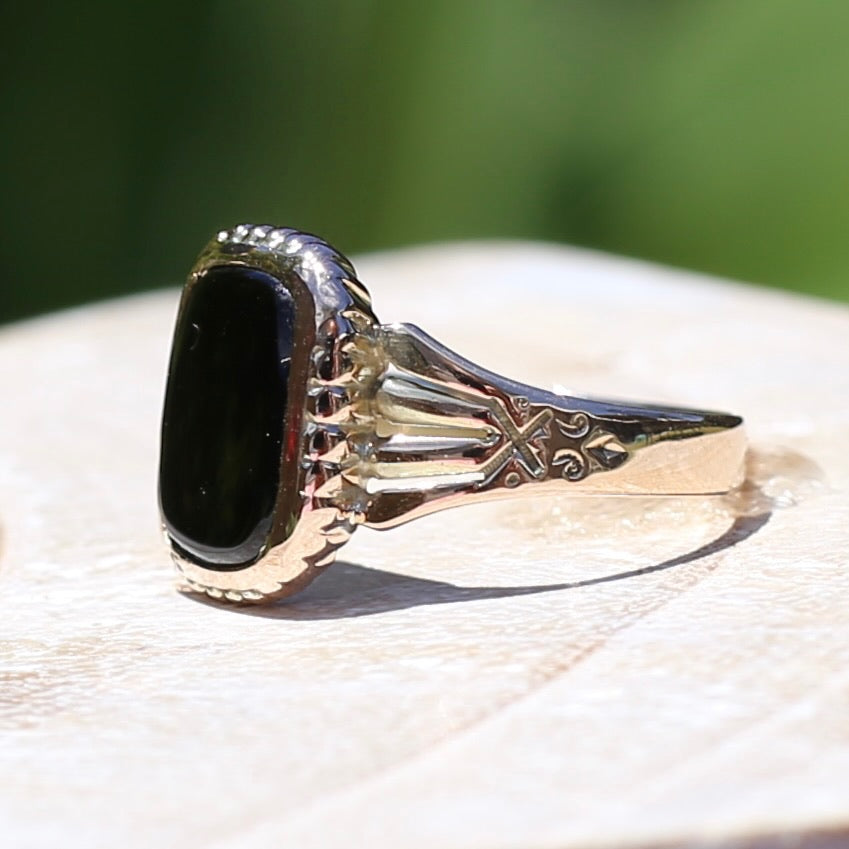 Vintique Onyx Signet Ring with Engraved Shoulders, 9ct Rosey Gold, size K1/2 or 5.5