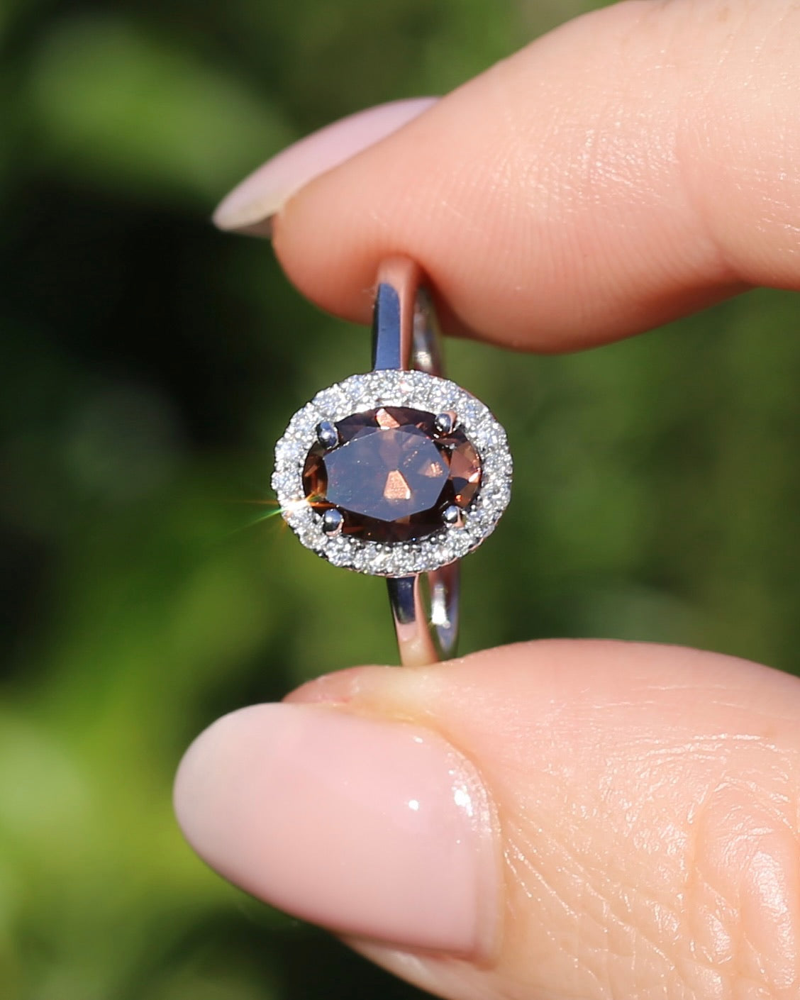 1.82ct Chocolate Australian Zircon with Diamond Halo, 14ct White Gold, size N or 6.75, 3.34g