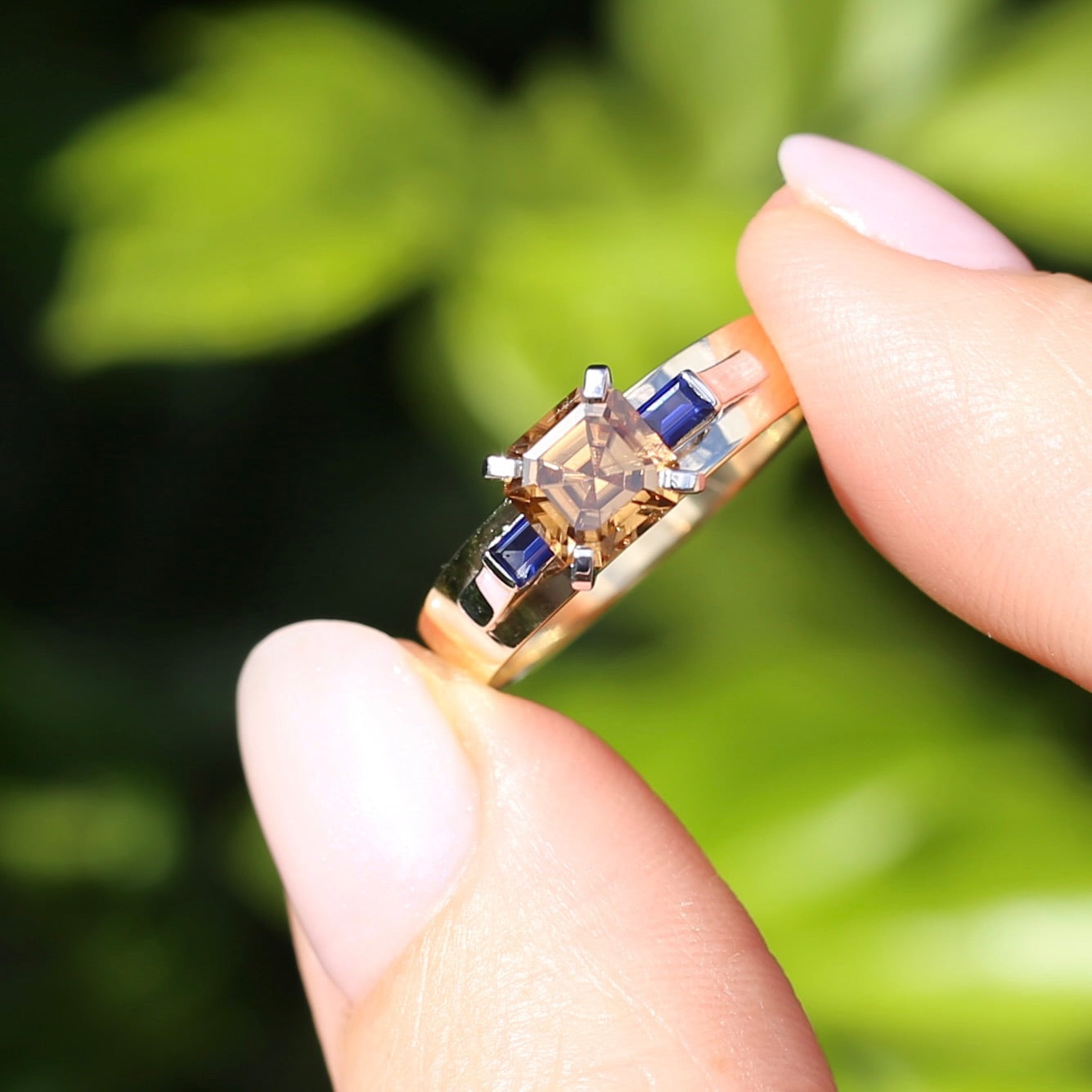 1.74ct Asscher Cut Cognac Zircon with Baguette Synthetic Sapphires in Mixed White and Yellow Gold 9ct Ring, size 8.75 or just over R