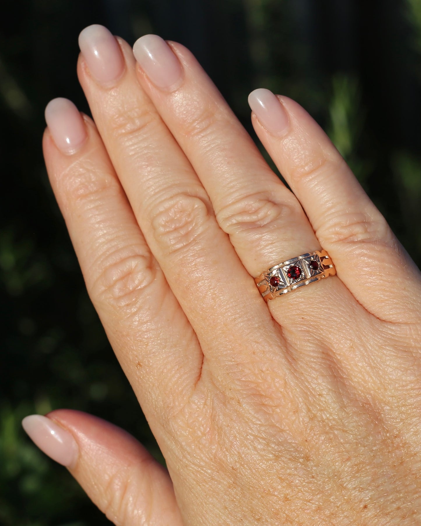 Vintage Victorian Revival Garnet Trilogy Star Set Ring, 9ct Rosey Gold, size P or 7.75, 3.16g