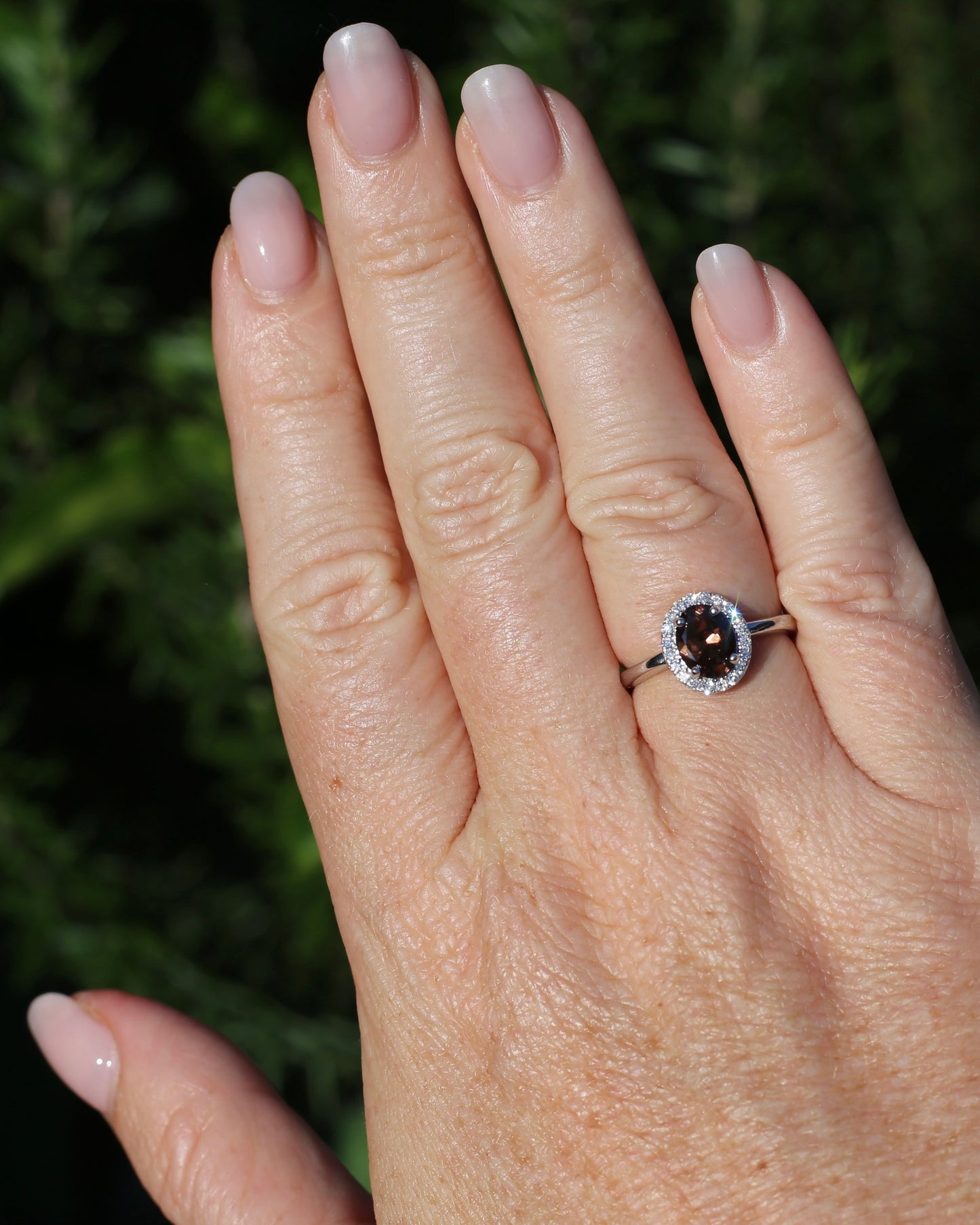 1.82ct Chocolate Australian Zircon with Diamond Halo, 14ct White Gold, size N or 6.75, 3.34g