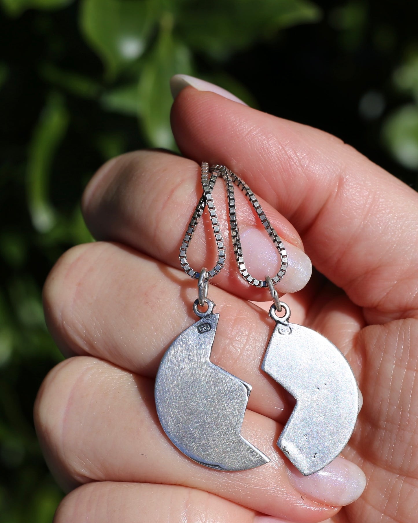 Pair of Vintage Mizpah Pendants on chains, Sterling Silver, 5g (combined) and 7.1g chains