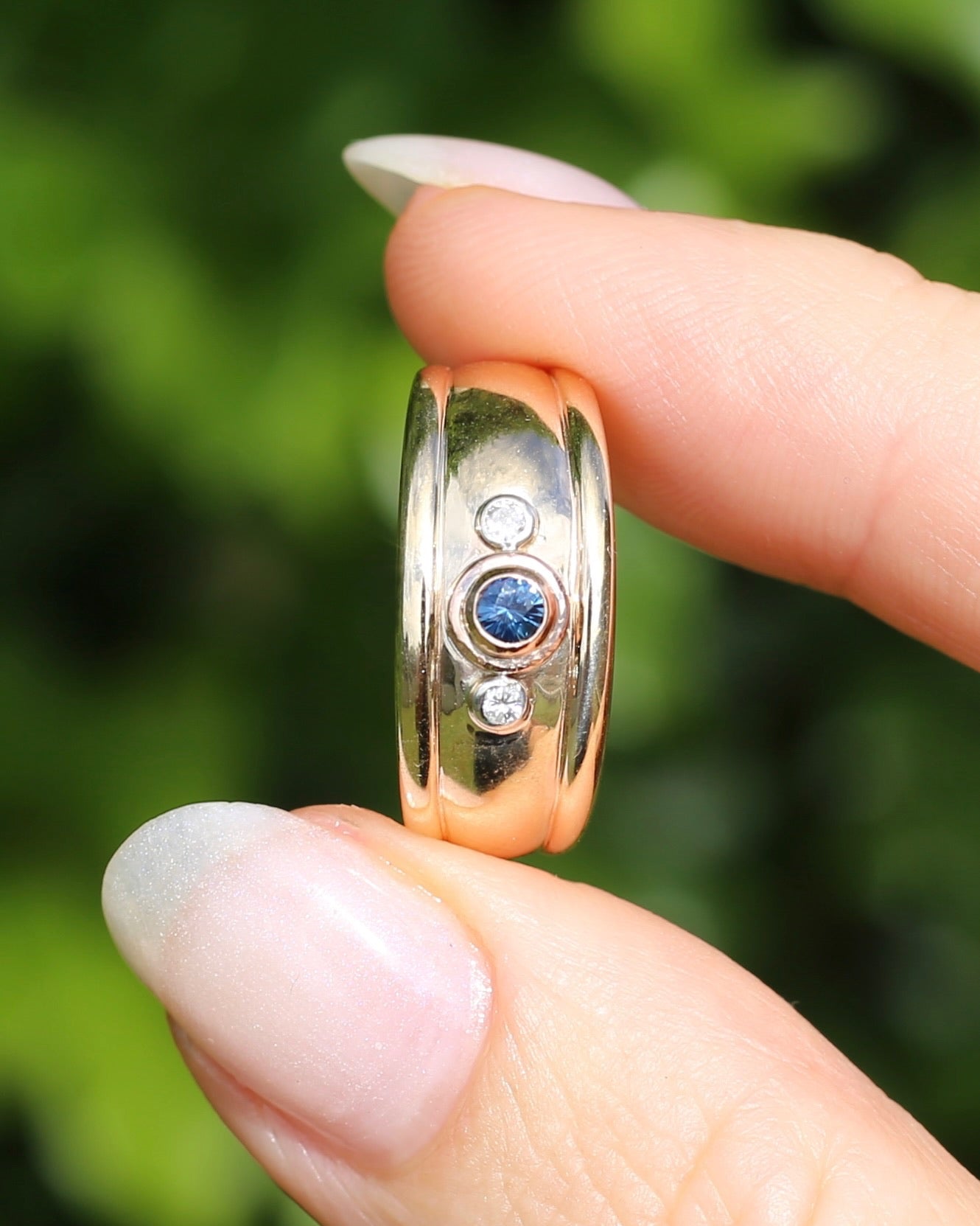 Bezel Set Parti Sapphire and Diamond Trilogy, Chunky Yellow Gold, size O1/2 or 7.5 (will fit smaller due to width)