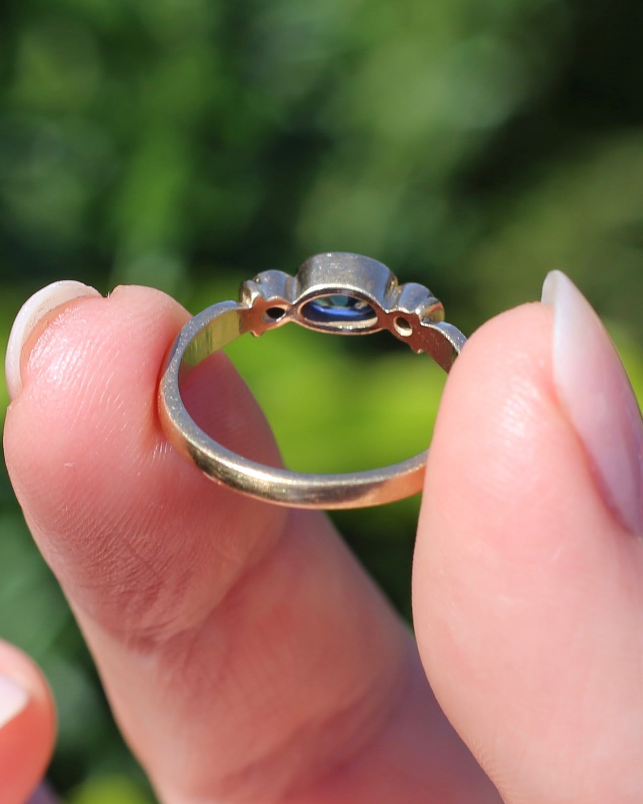 Vintage Bezel Set Cornflower Blue Sapphire and Diamond Ring, 9ct Yellow Gold, size O or 7.25