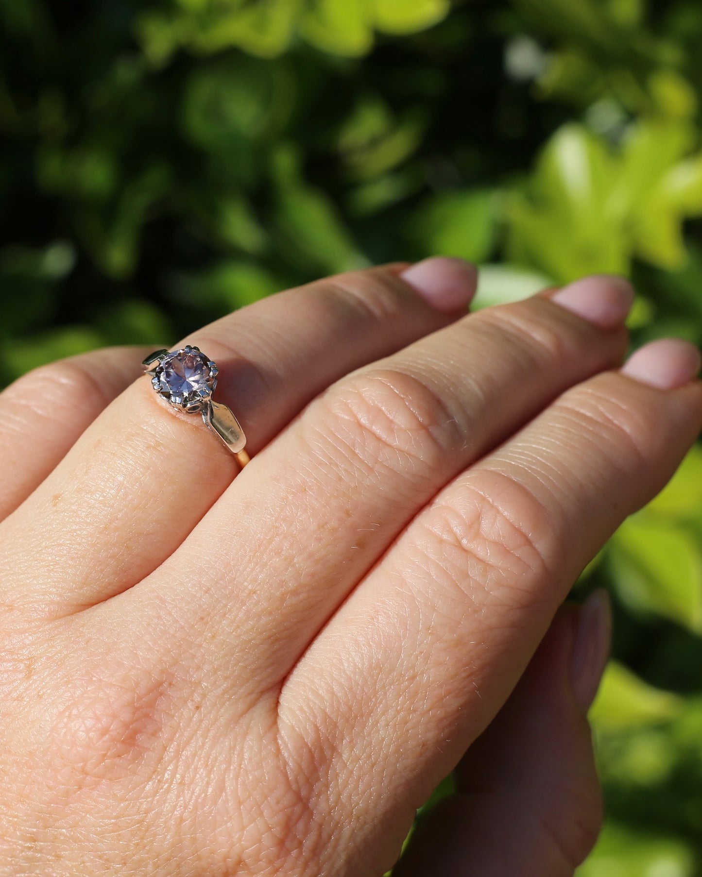 Vintage 1.86ct Pale Pink natural Zircon, 1967 London Made Double Claw Set, 9ct Yellow and White Gold, size M1/2 or 6.5, 2.8g
