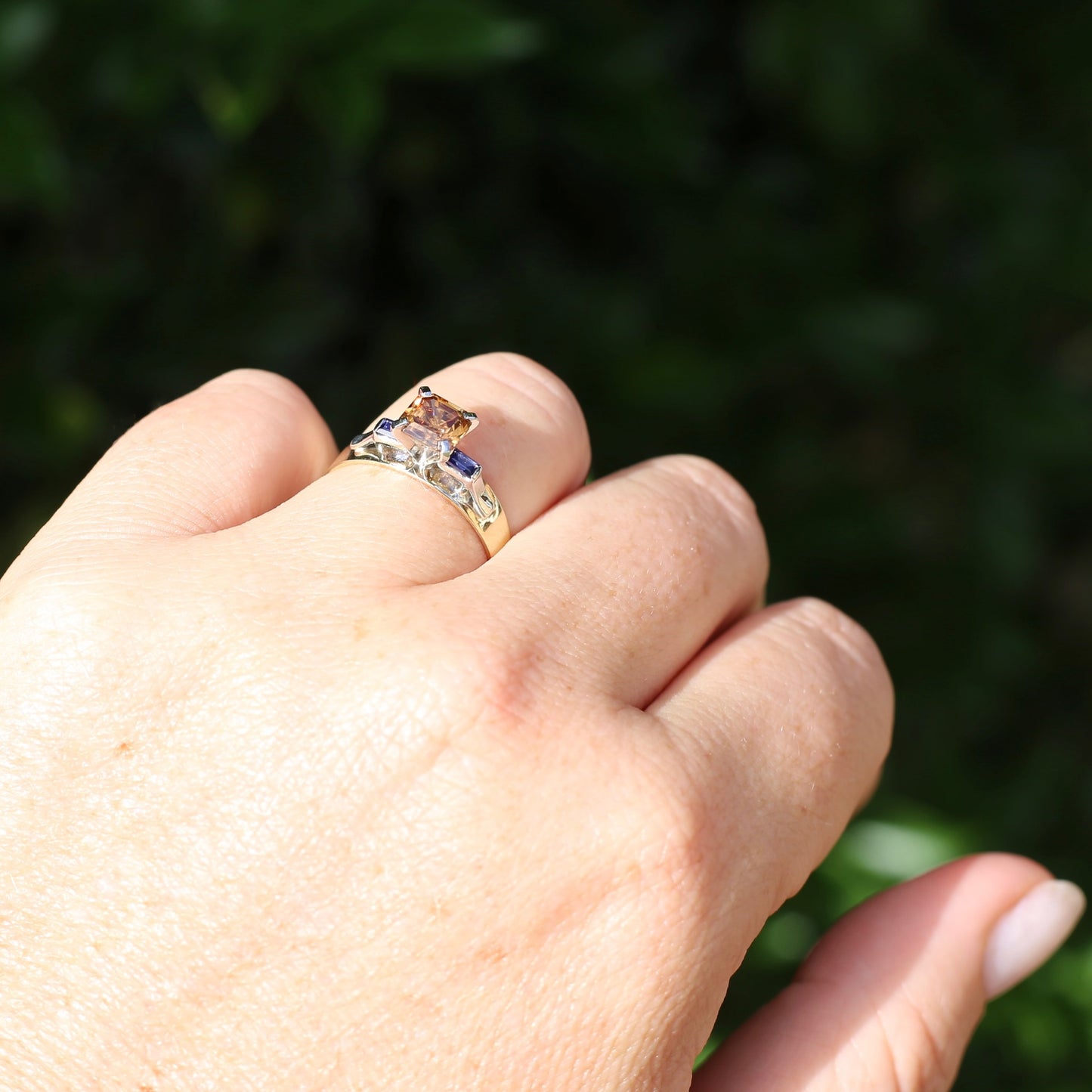 1.74ct Asscher Cut Cognac Zircon with Baguette Synthetic Sapphires in Mixed White and Yellow Gold 9ct Ring, size 8.75 or just over R