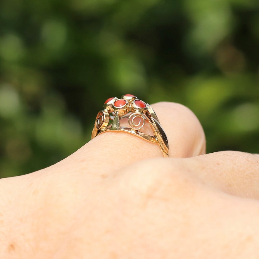 Vintage Dutch Four Stone Coral Cabochon Filigree Ring, 14ct Yellow Gold, size N1/2 or 7